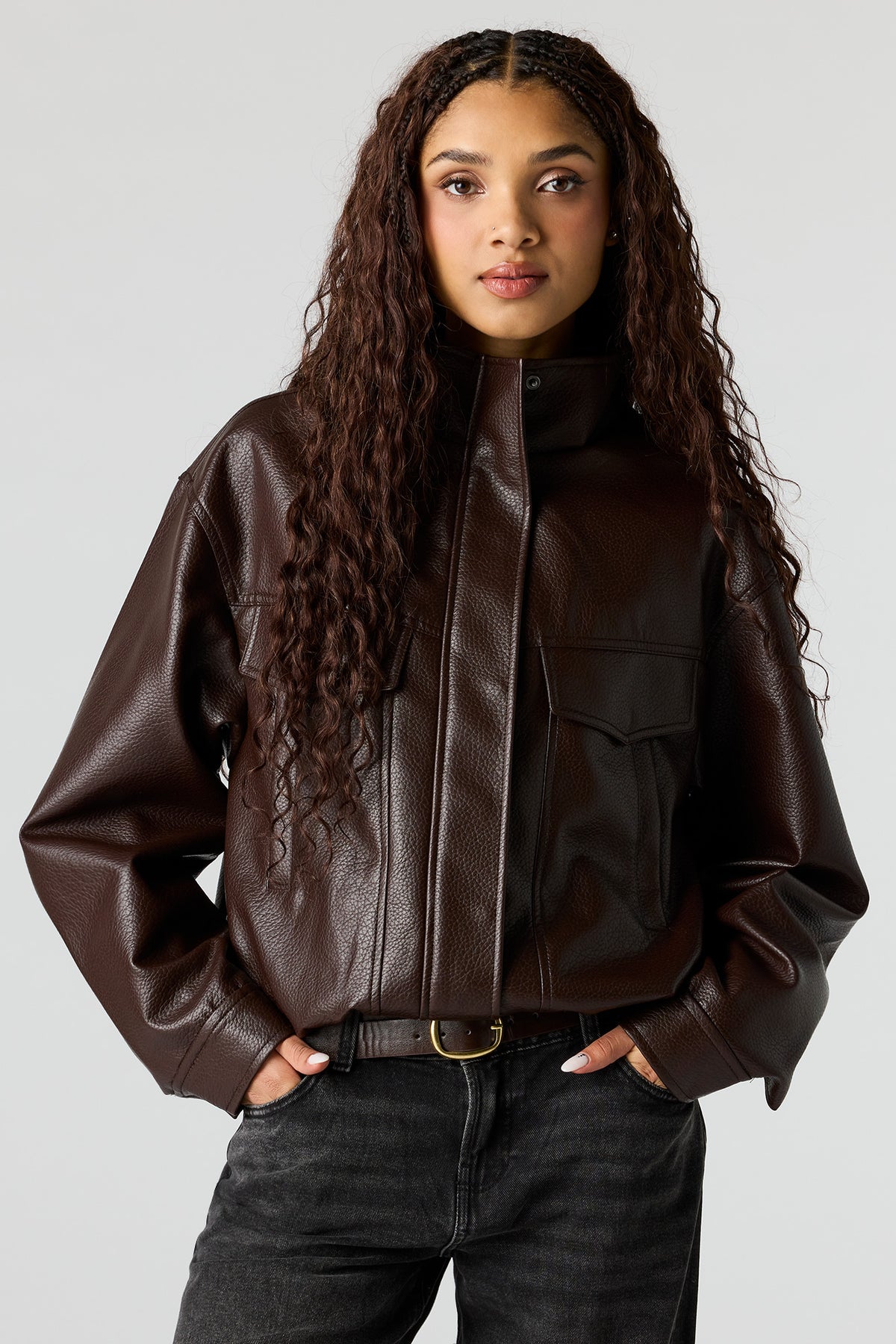 Alt View 4. Faux Leather Oversized Bomber Jacket - Brown