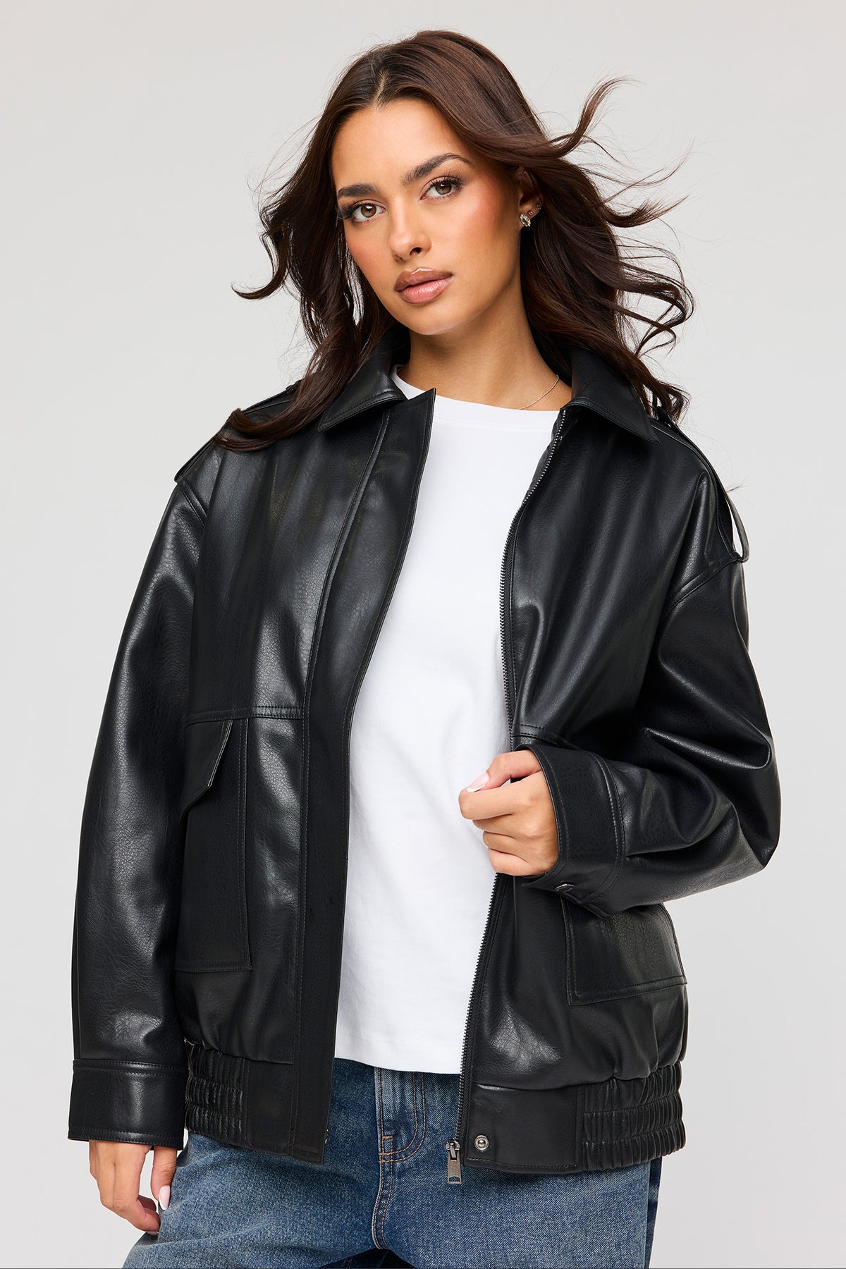 Oversized Faux Leather Jacket - Black