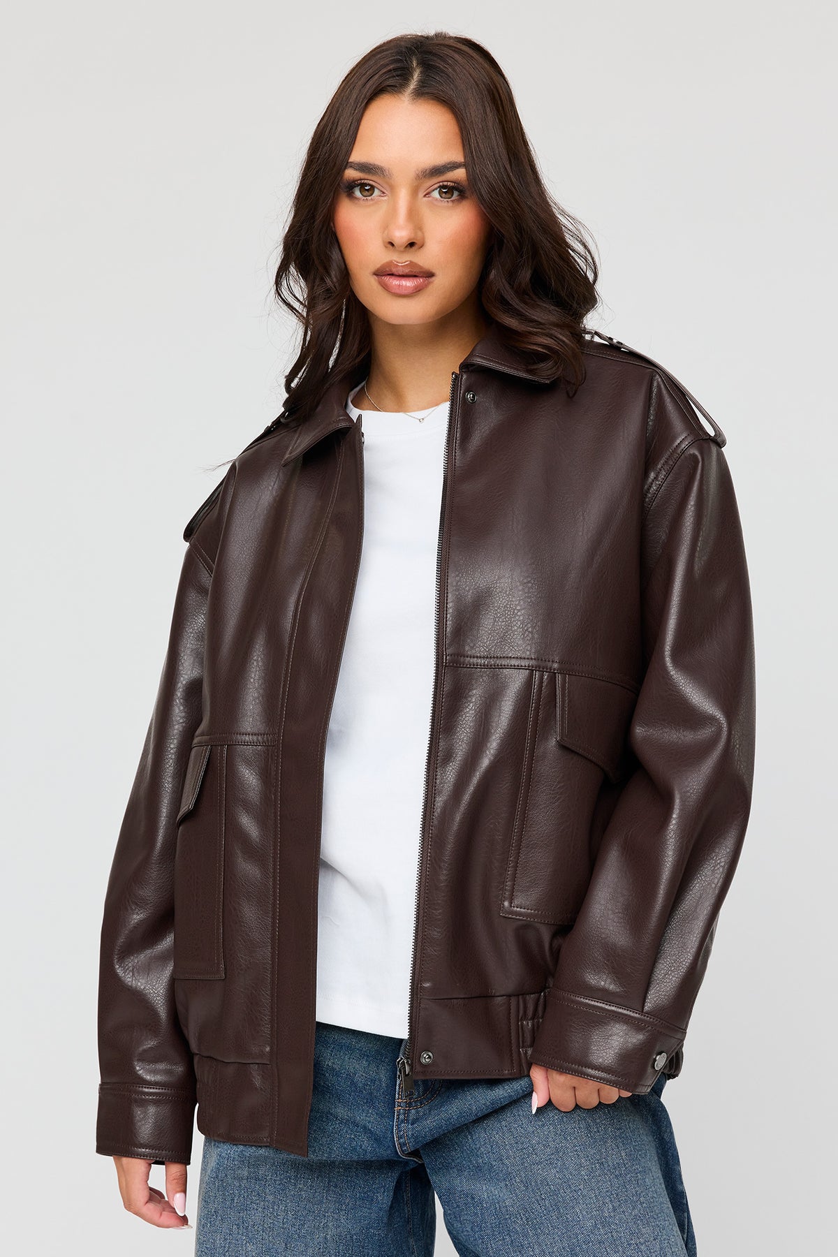 Oversized Faux Leather Jacket - Brown