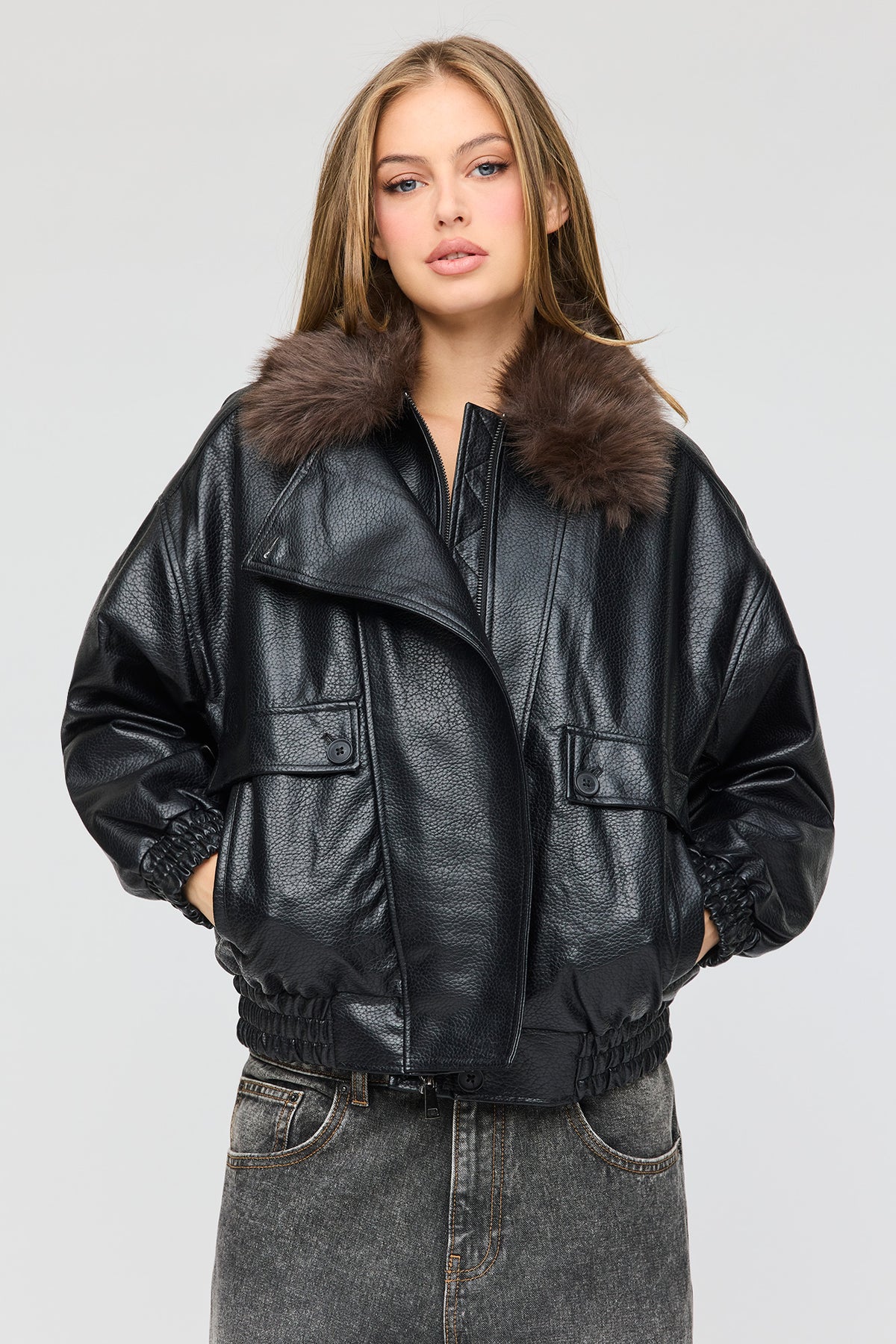 Oversized Faux Leather Bomber Jacket - Black