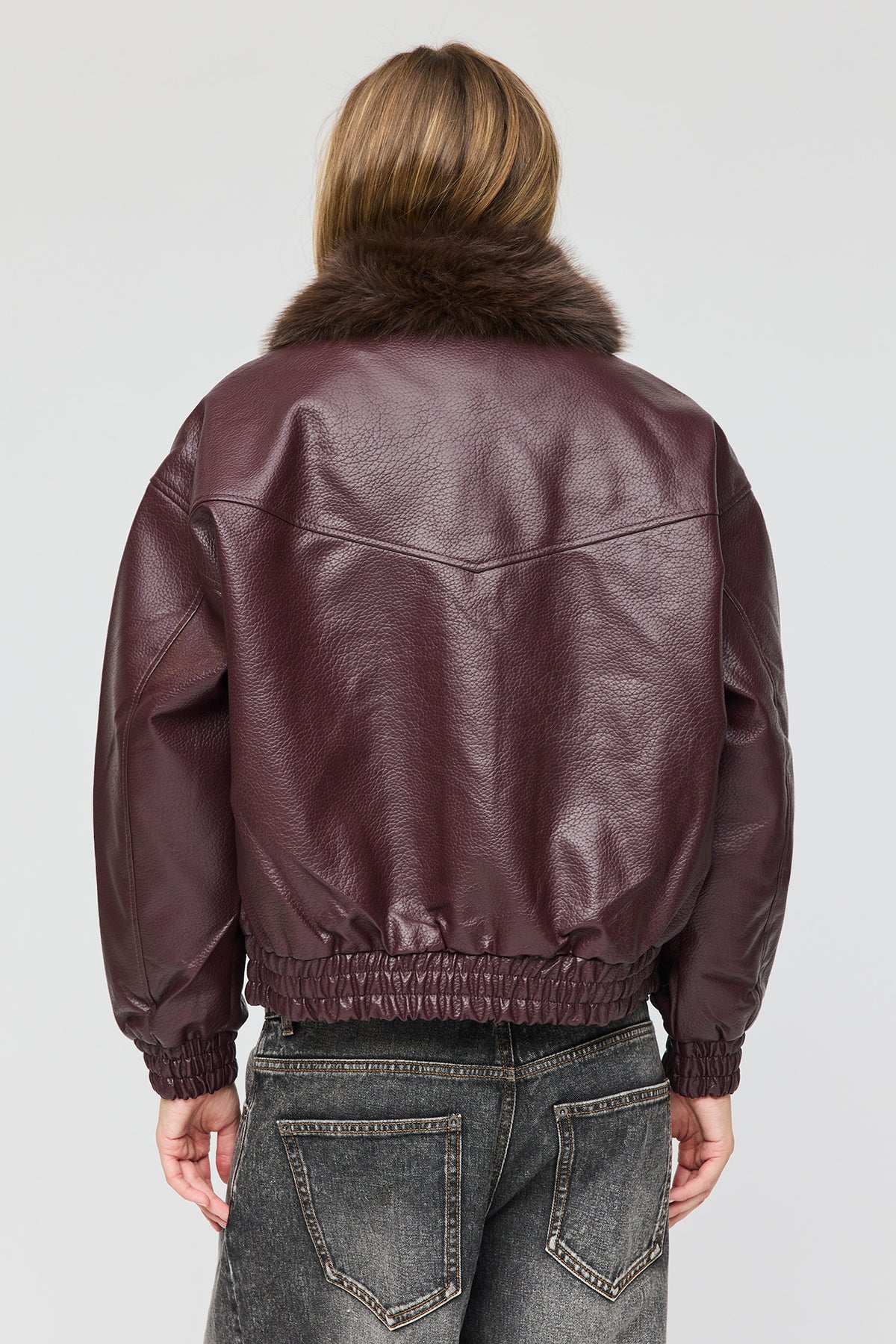 Alt View 2. Oversized Faux Leather Bomber Jacket - Burgundy