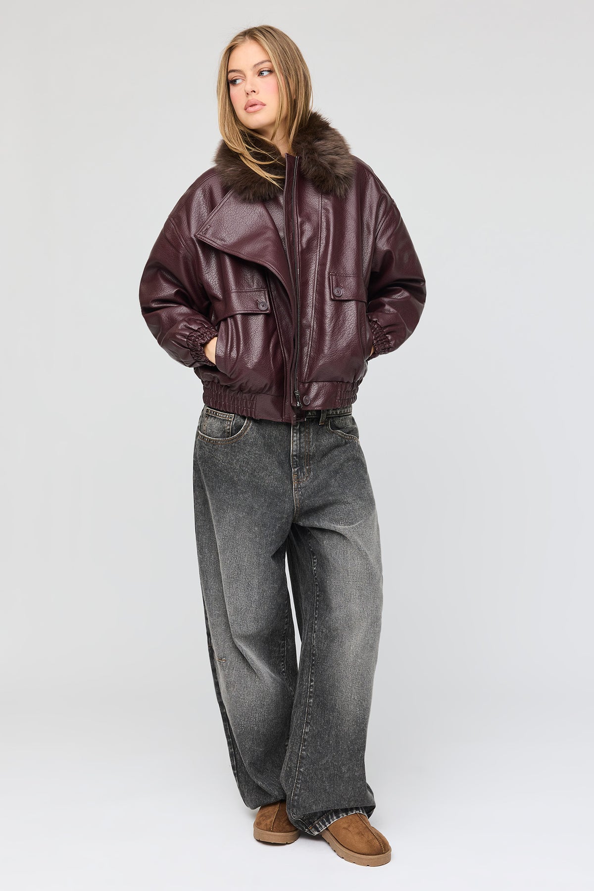 Alt View 3. Oversized Faux Leather Bomber Jacket - Burgundy