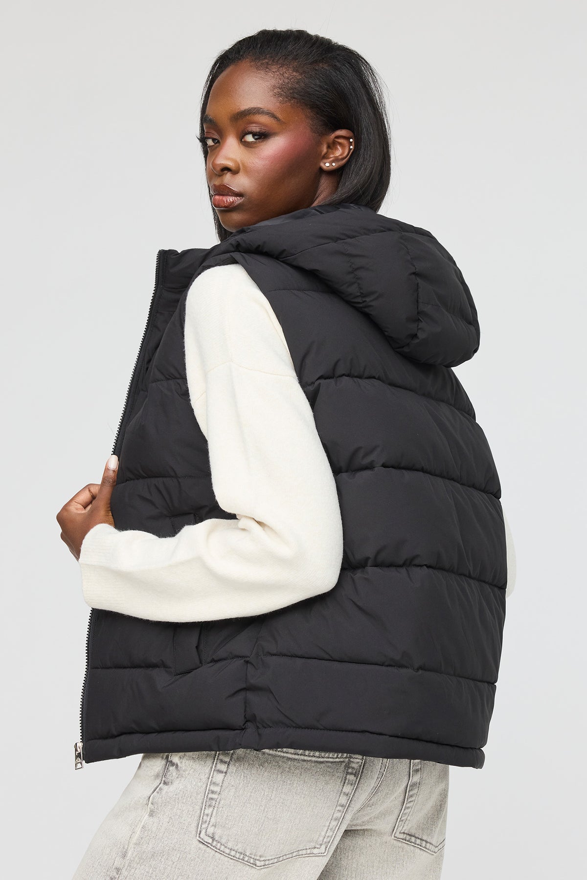 Alt View 2. Hooded Puffer Vest - Black