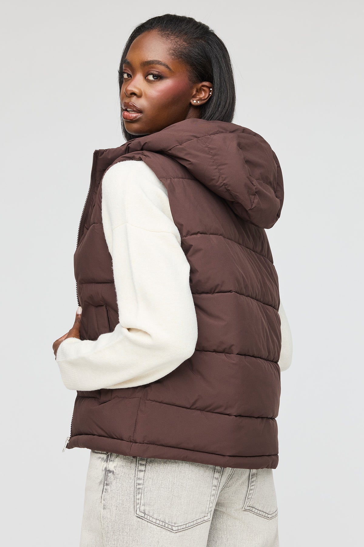 Alt View 2. Hooded Puffer Vest - Brown