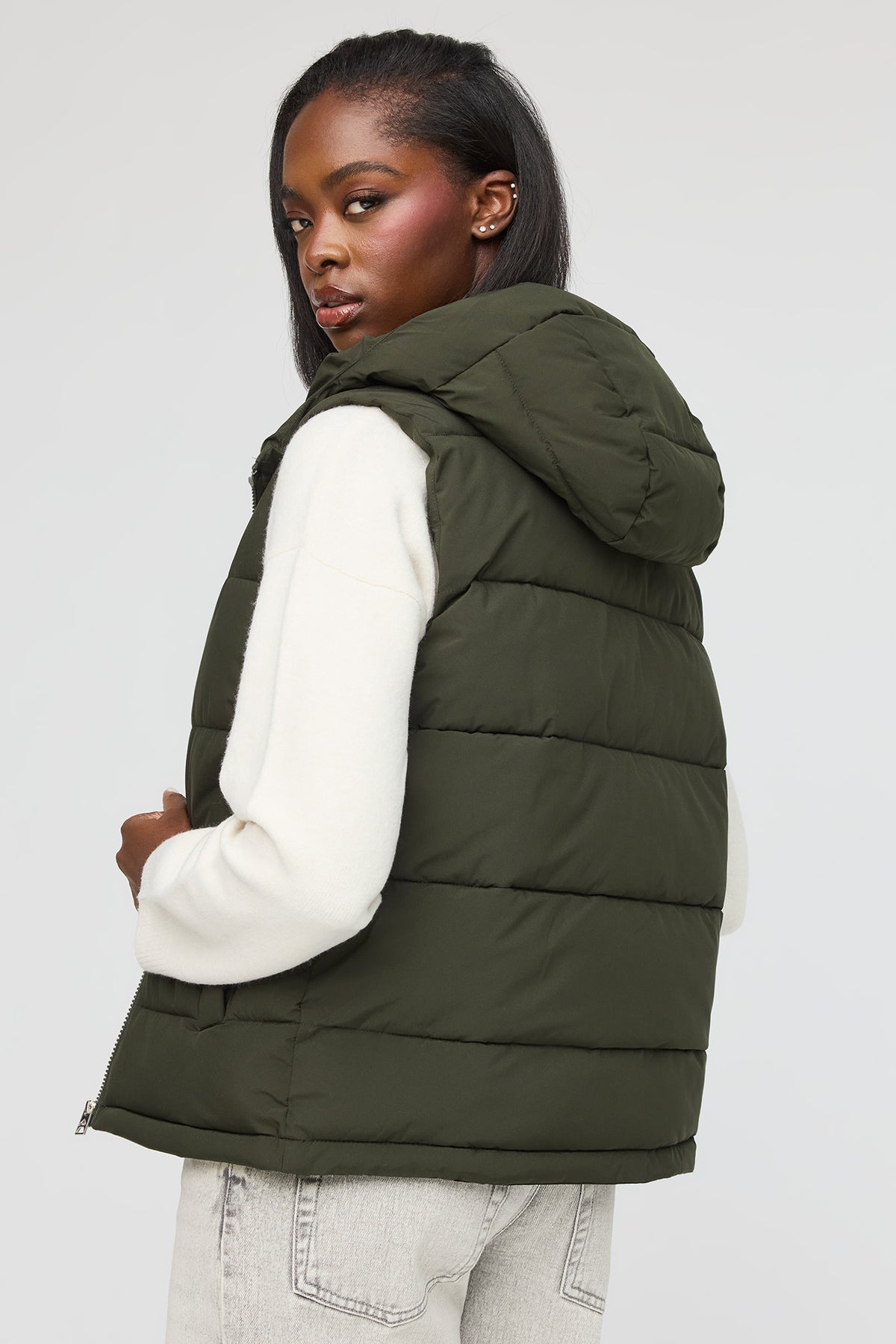 Alt View 2. Hooded Puffer Vest - Dark Green