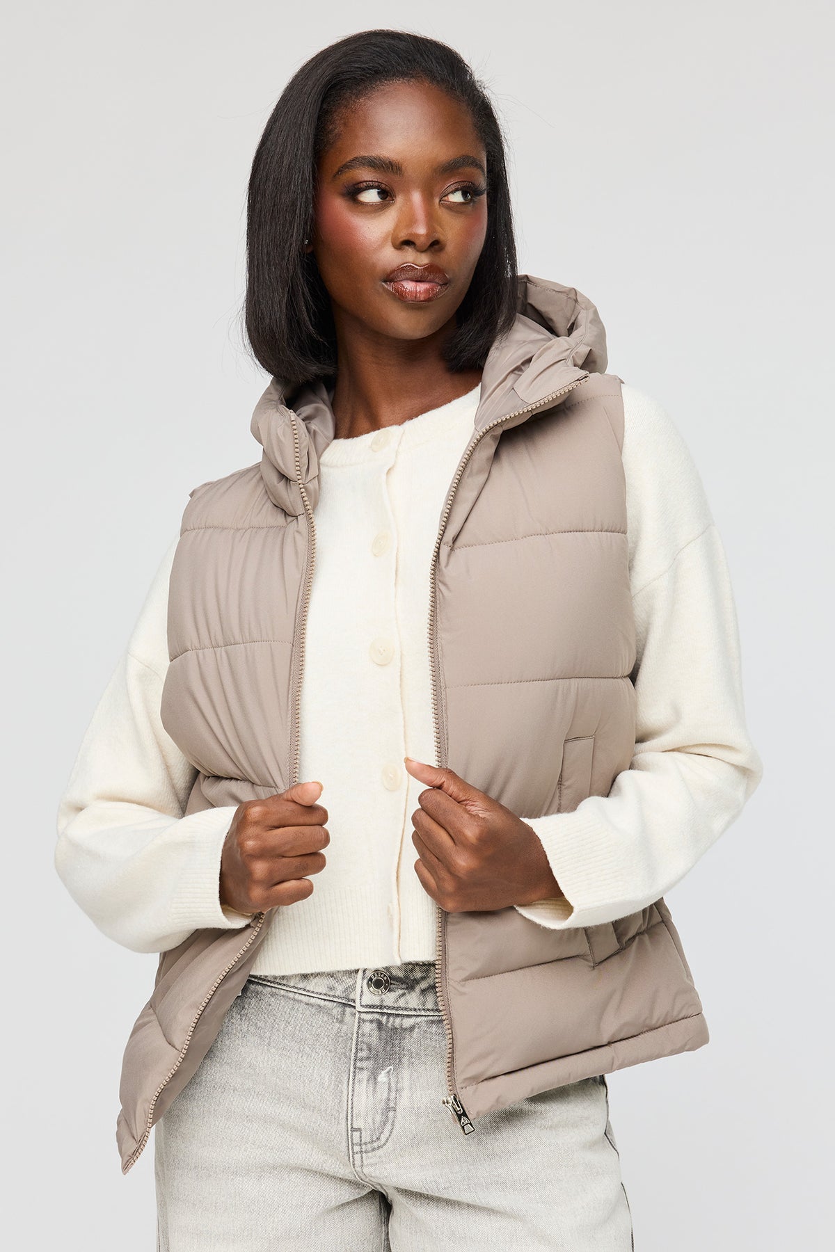 Alt View 4. Hooded Puffer Vest - Taupe