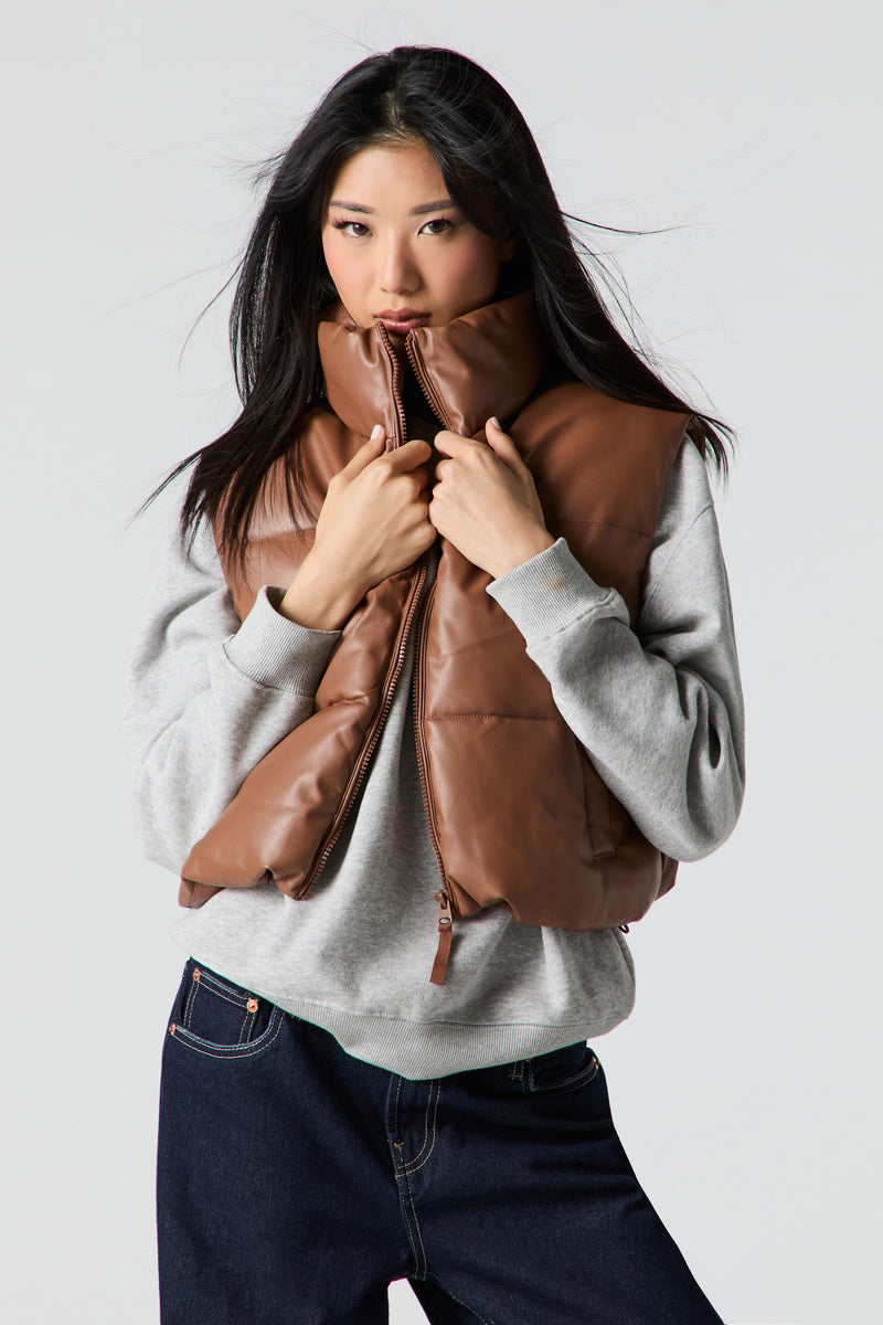 Faux Leather High Neck Puffer Vest