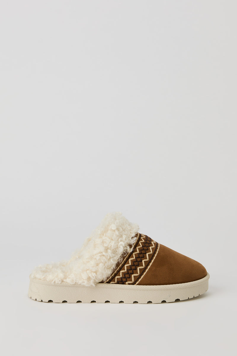 Embroidered Faux Fur Collared Slipper Booties