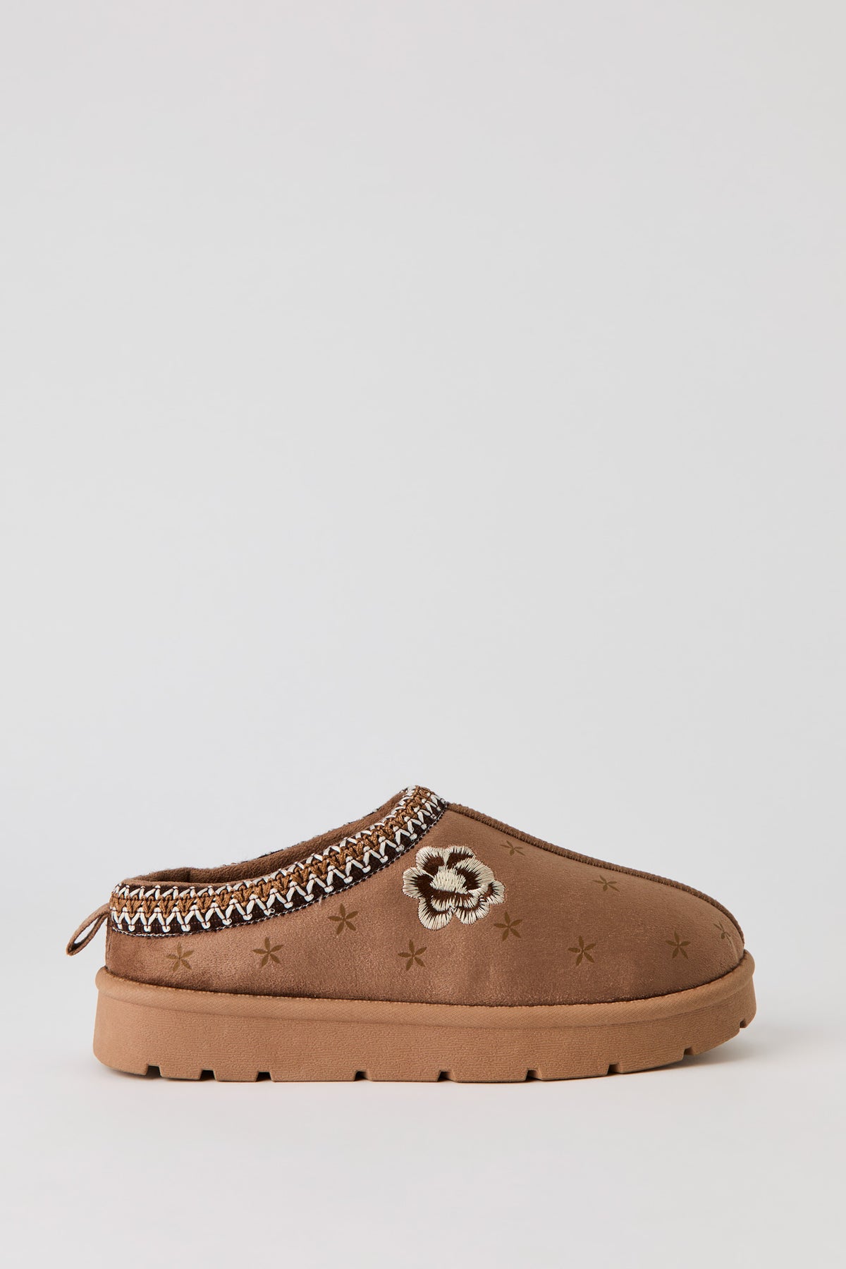 Faux Suede Embroidered Slipper Booties - Tan