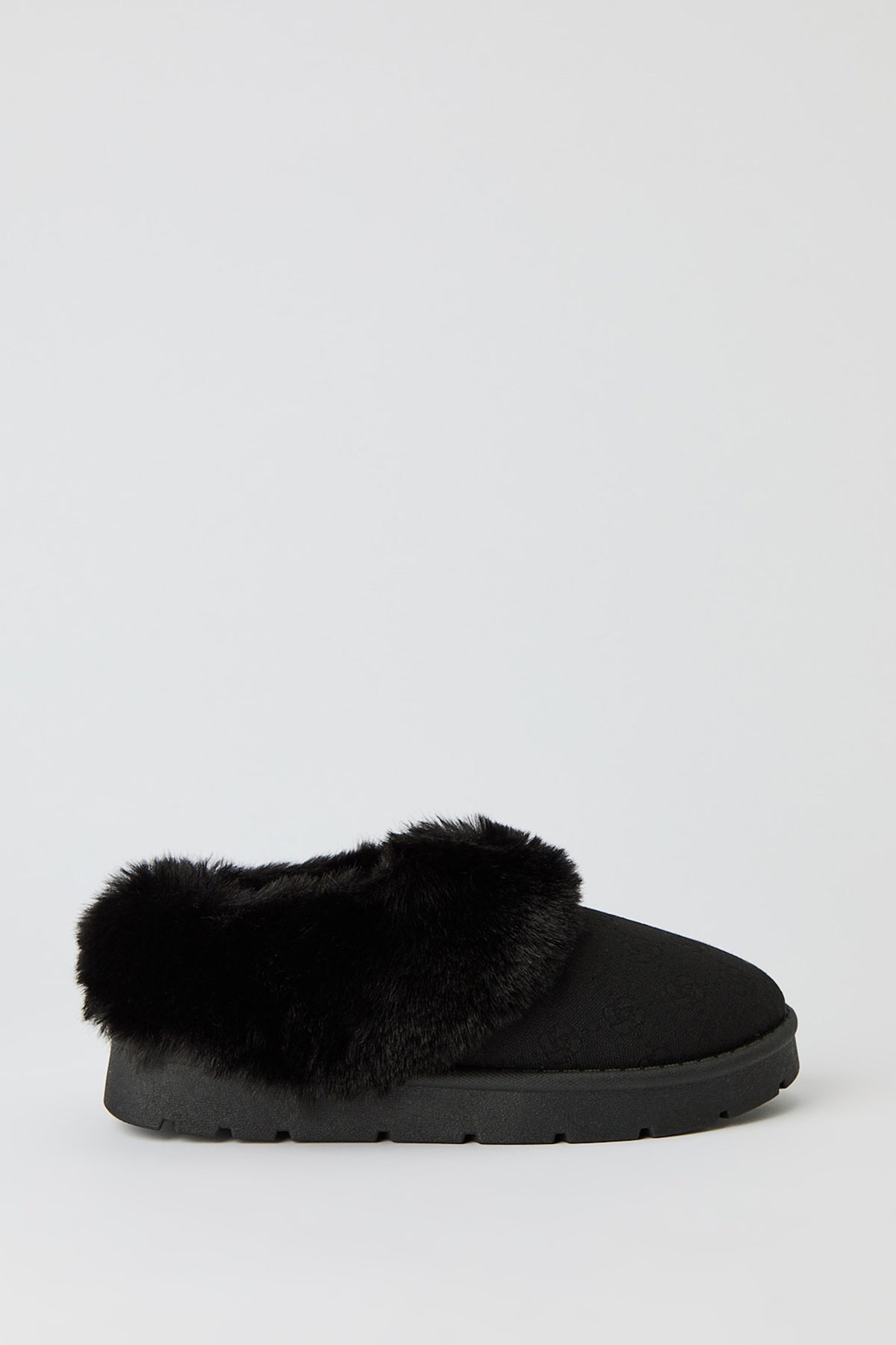 Faux Fur Patterned Slipper Booties - Black