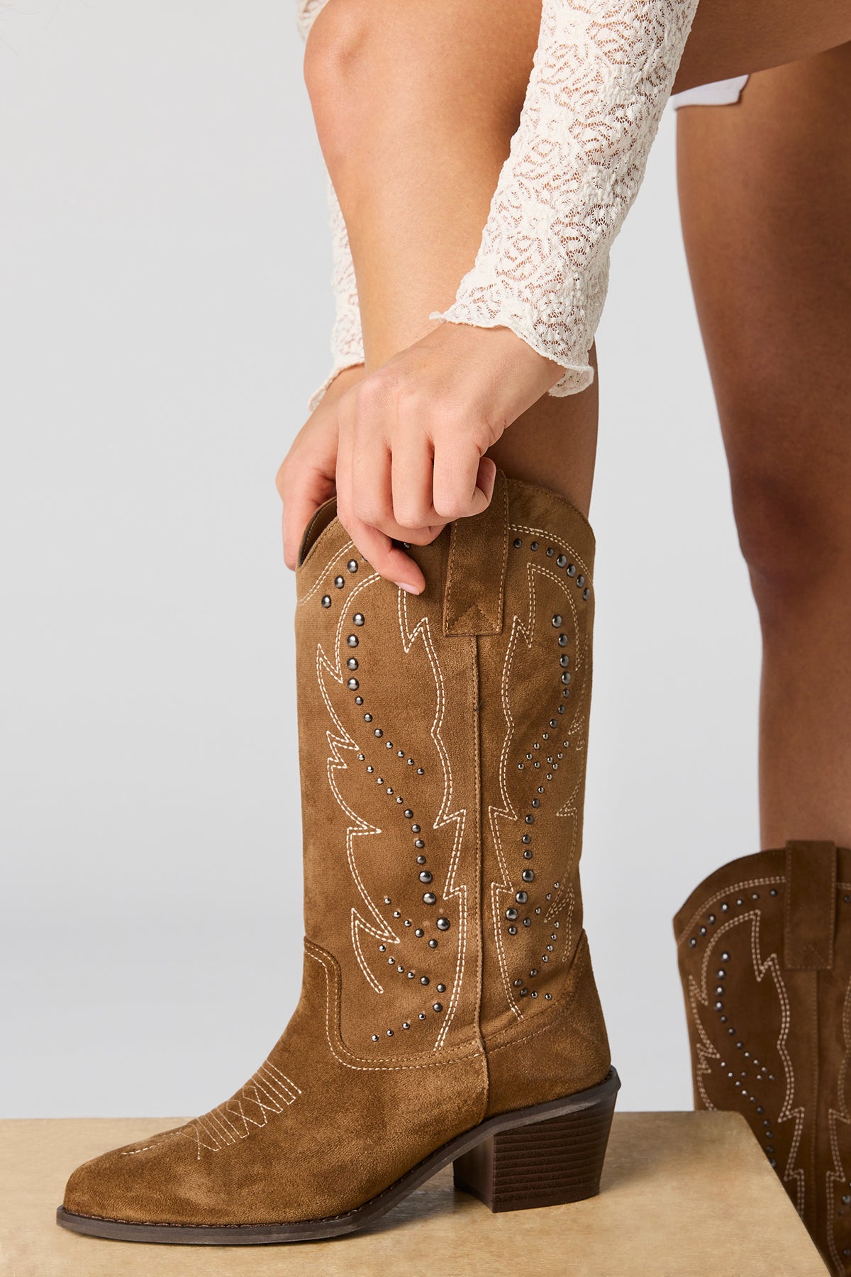 Faux Suede Studded Cowboy Boot - Tan