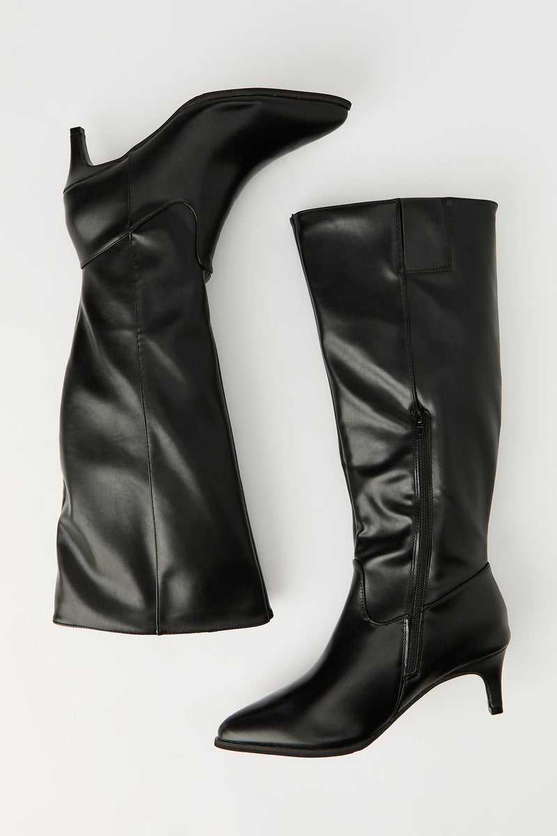 Faux Leather Knee High Kitten Heel Boot