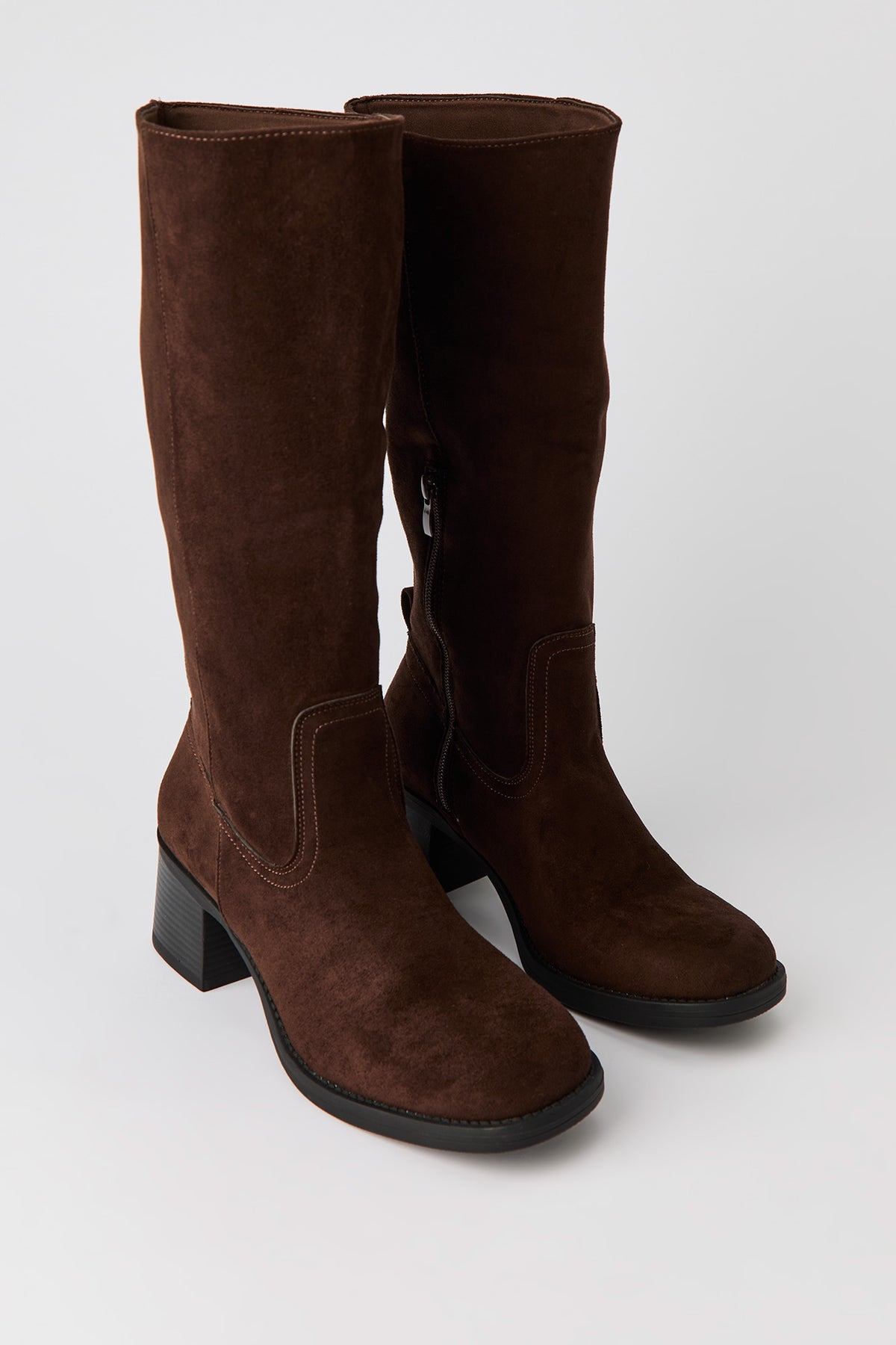 Alt View 2. Faux Suede Block Heel Knee High Boots - Brown