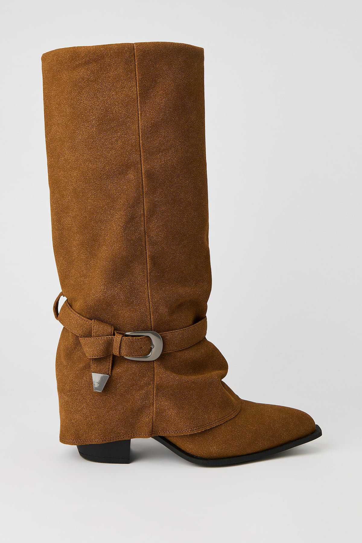 Faux Suede Strap Heel Boot - Tan