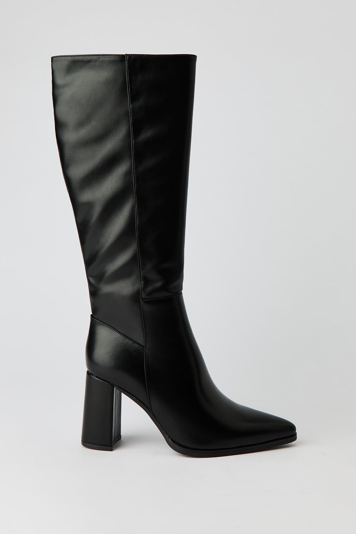 Pointed Toe Knee High Block Heel Boots - Black