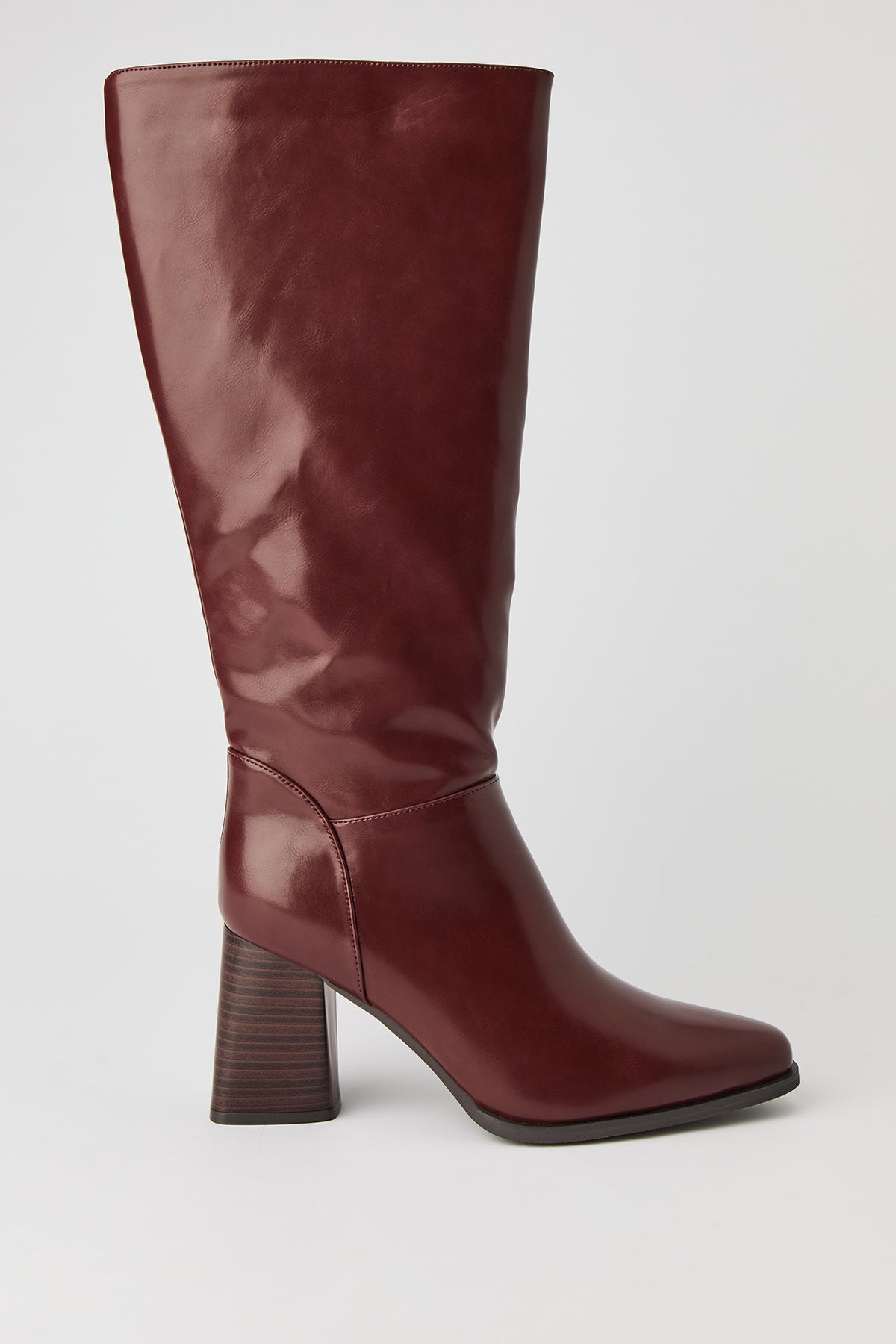 Block Heel Knee High Boots - Burgundy
