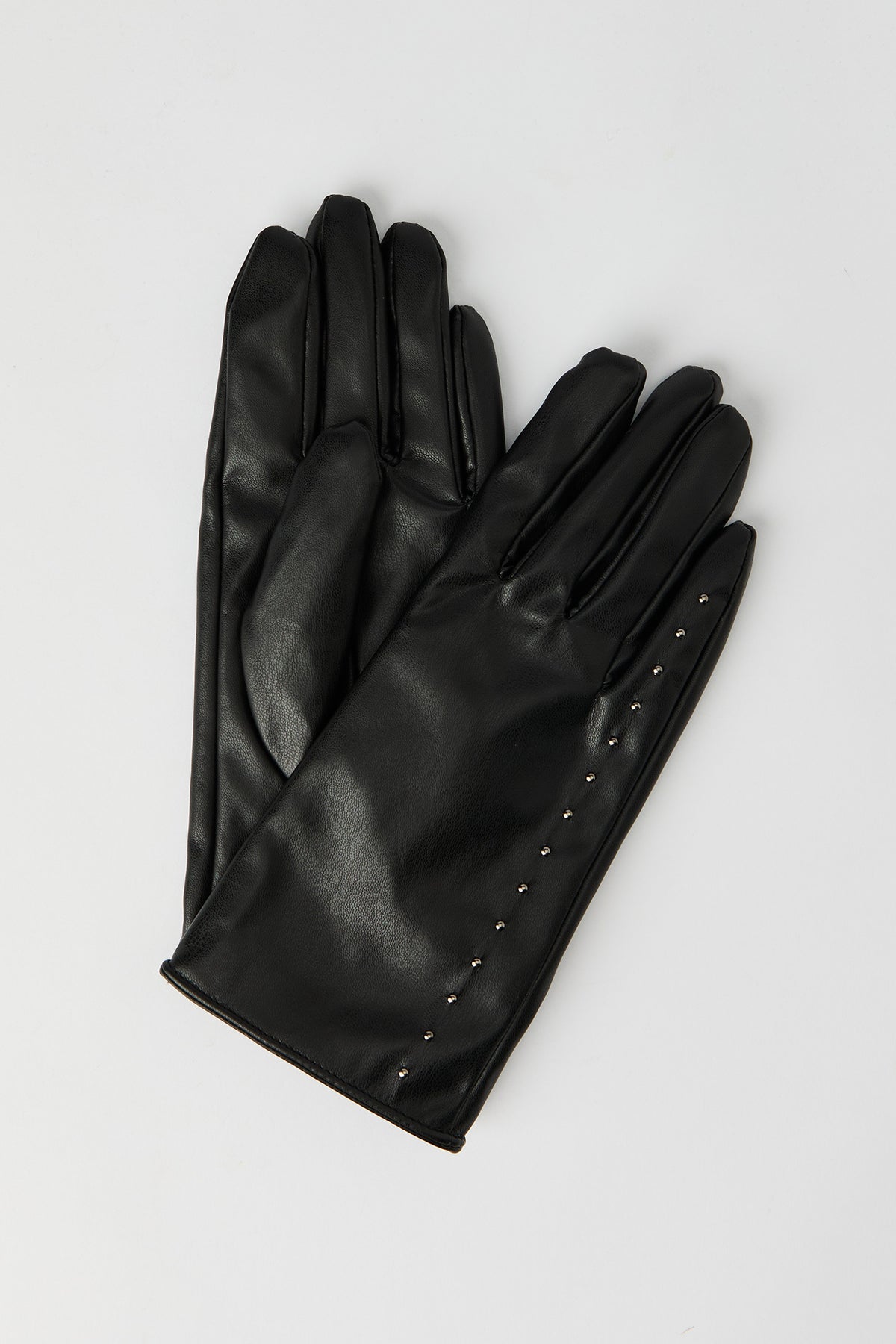 Faux Leather Studded Gloves - Black