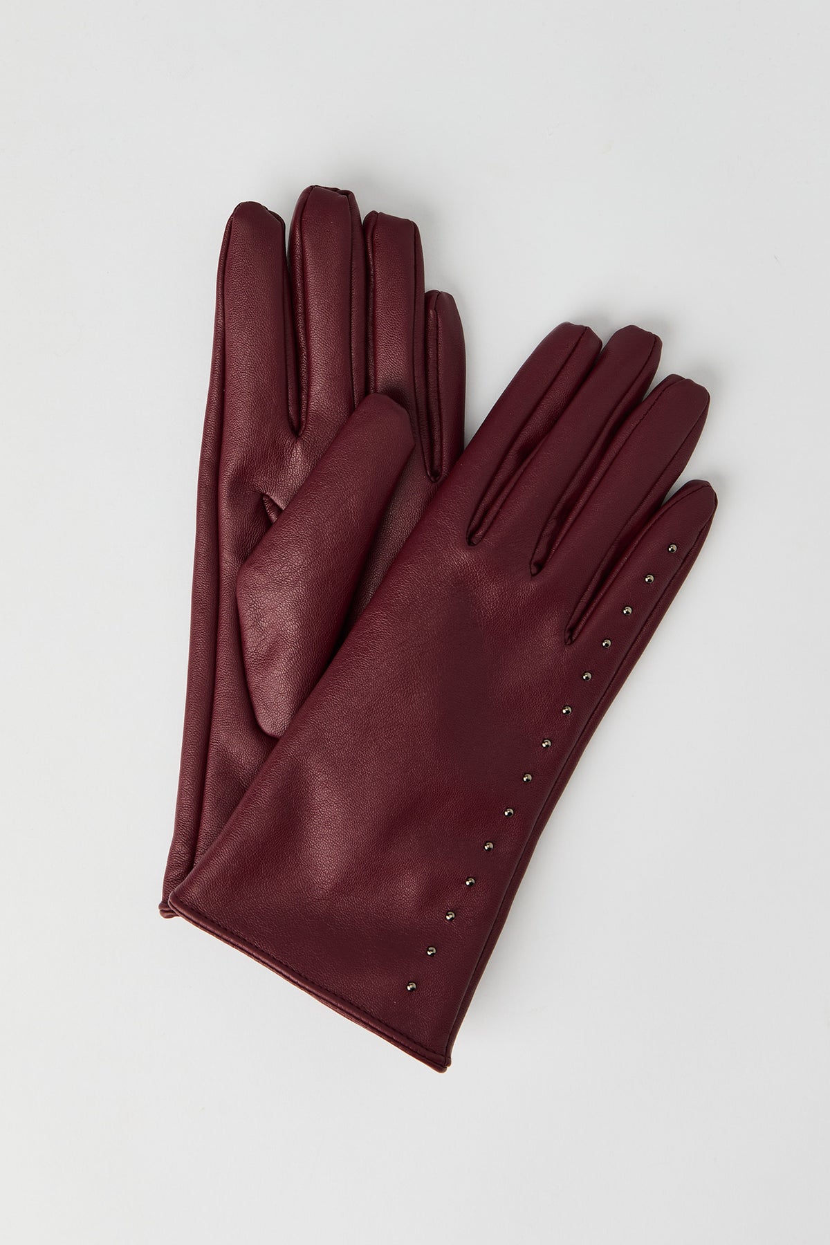 Faux Leather Studded Gloves - Burgundy