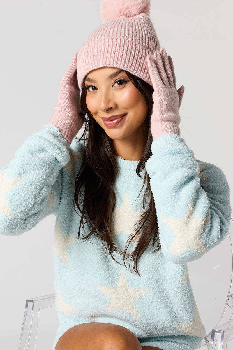 Rhinestone Beanie & Gloves Set (3 Pcs)