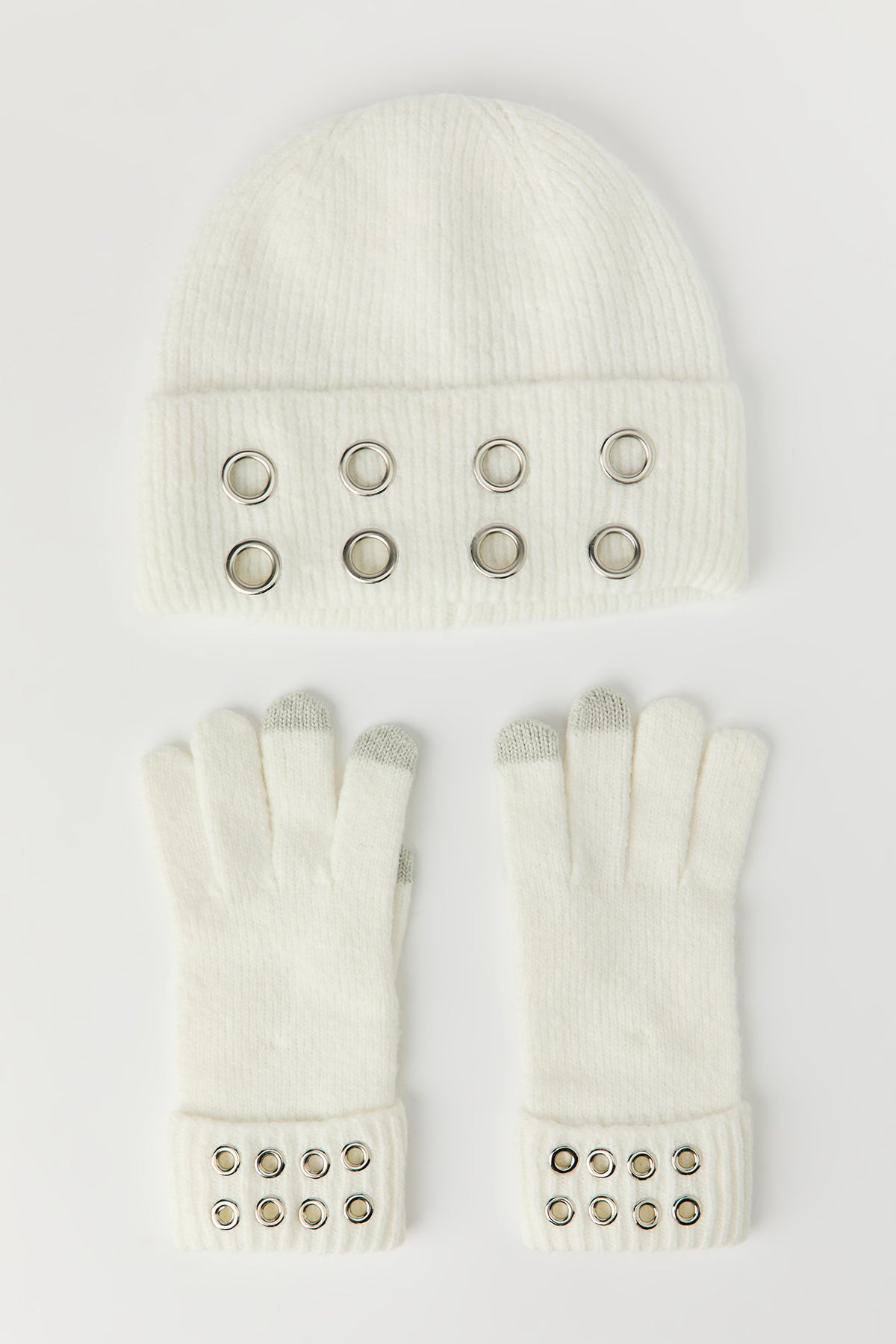 Grommet Beanie & Gloves Set - Cream