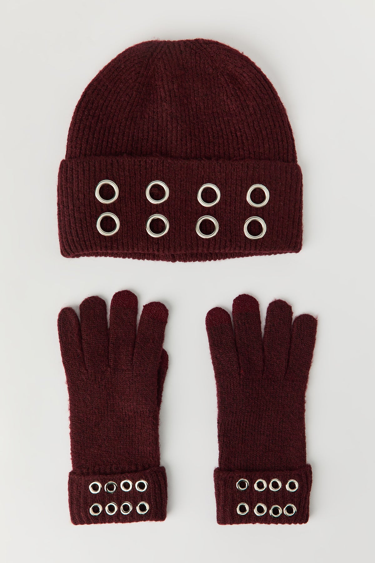 Grommet Beanie & Gloves Set - Burgundy