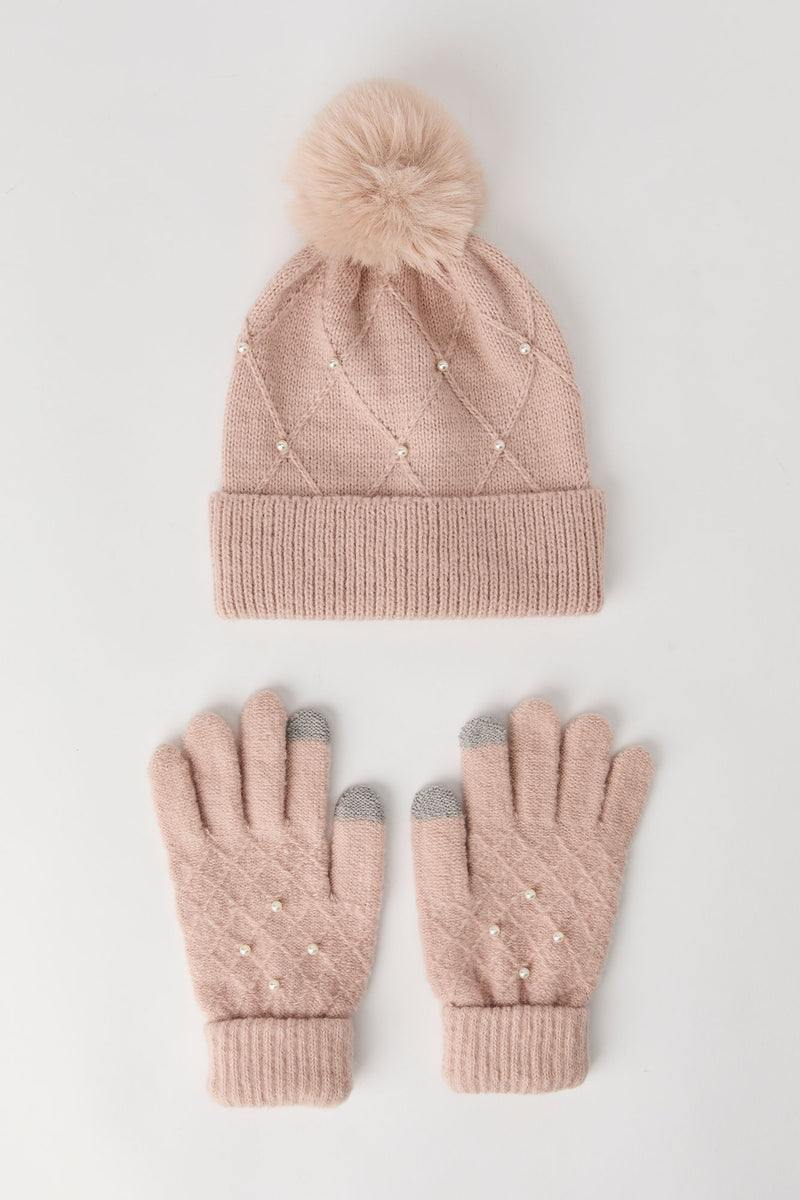 Ensemble avec chapeaux et gants ornés de similiperles (3 unités)