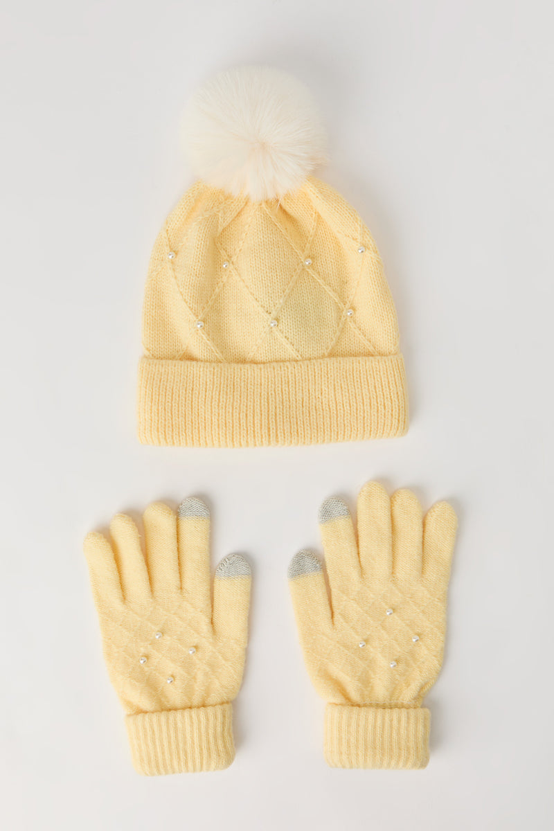 Faux Pearl Diamond Knit Beanie & Gloves Set (3 Pcs)