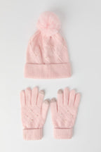 Ensemble avec tuque en tricot orné de similiperles et gants