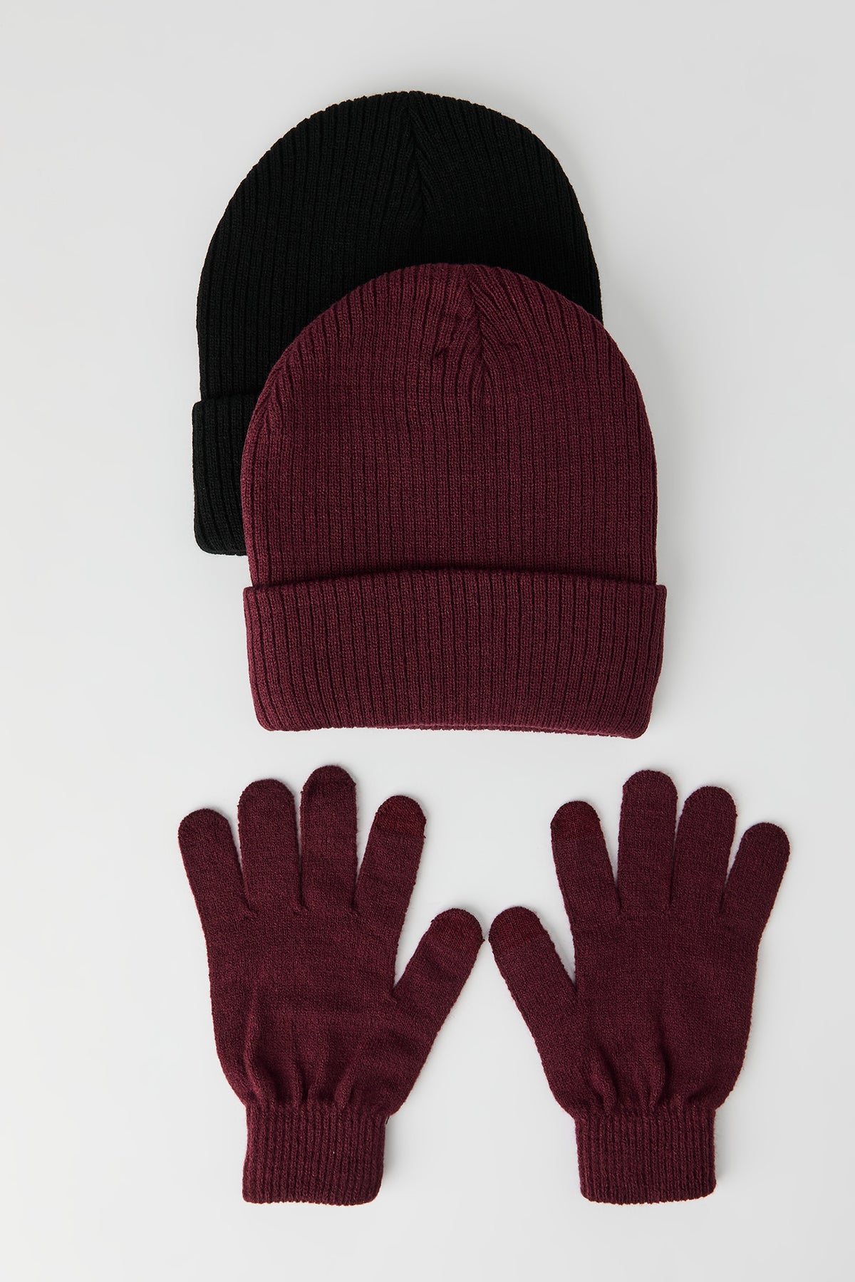 Ribbed Knit Beanie & Gloves Set - Burgundy