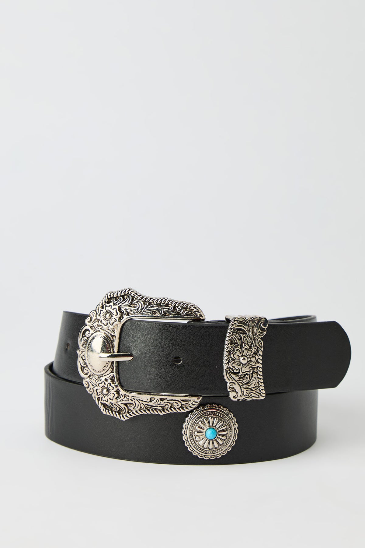 Faux Leather Western Buckle Belt 3.5 cm - Solid Black