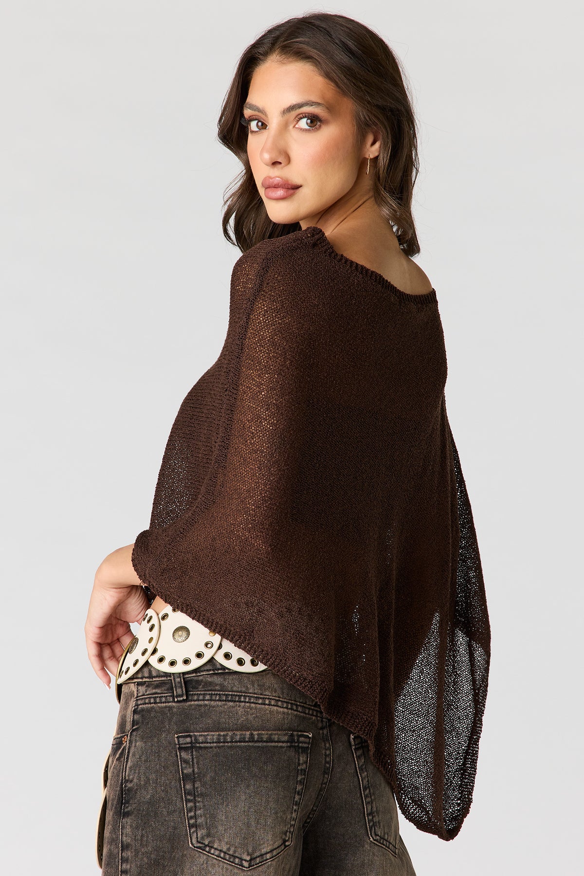 Alt View 2. Knit Poncho - Brown