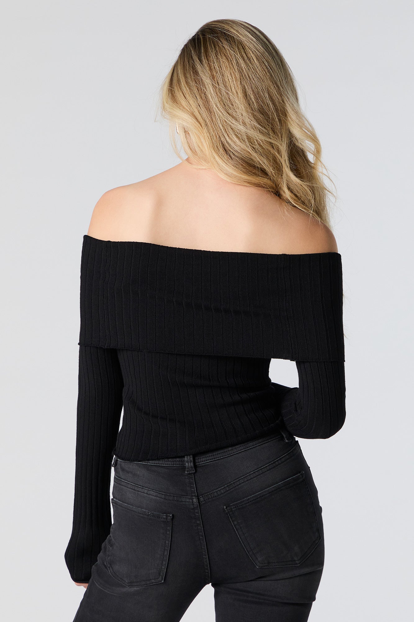 Ribbed Knit Foldover Off Shoulder Sweater