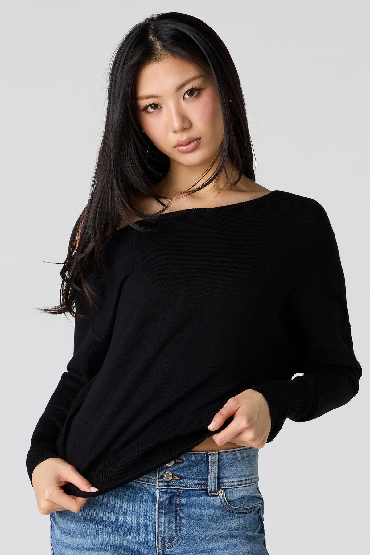 Off Shoulder Dolman Sweater - Black
