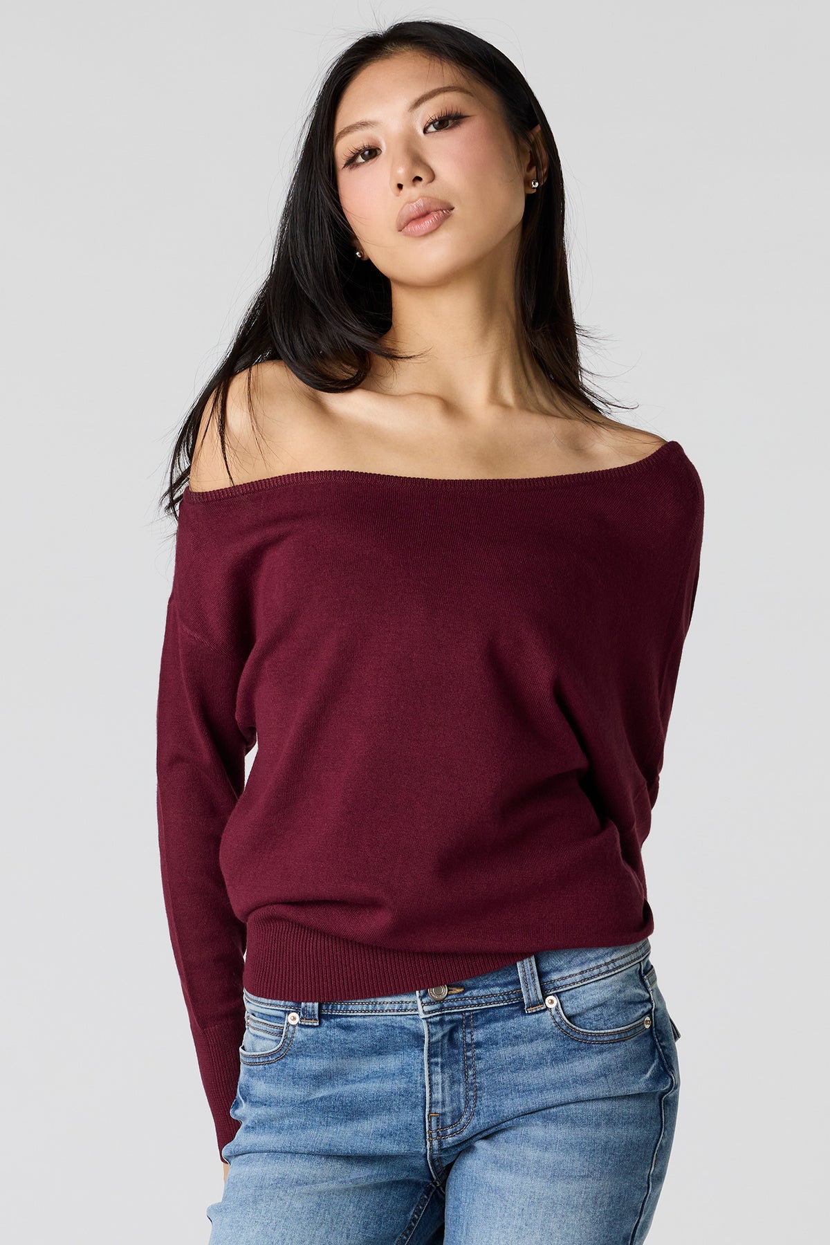 Off Shoulder Dolman Sweater - Burgundy