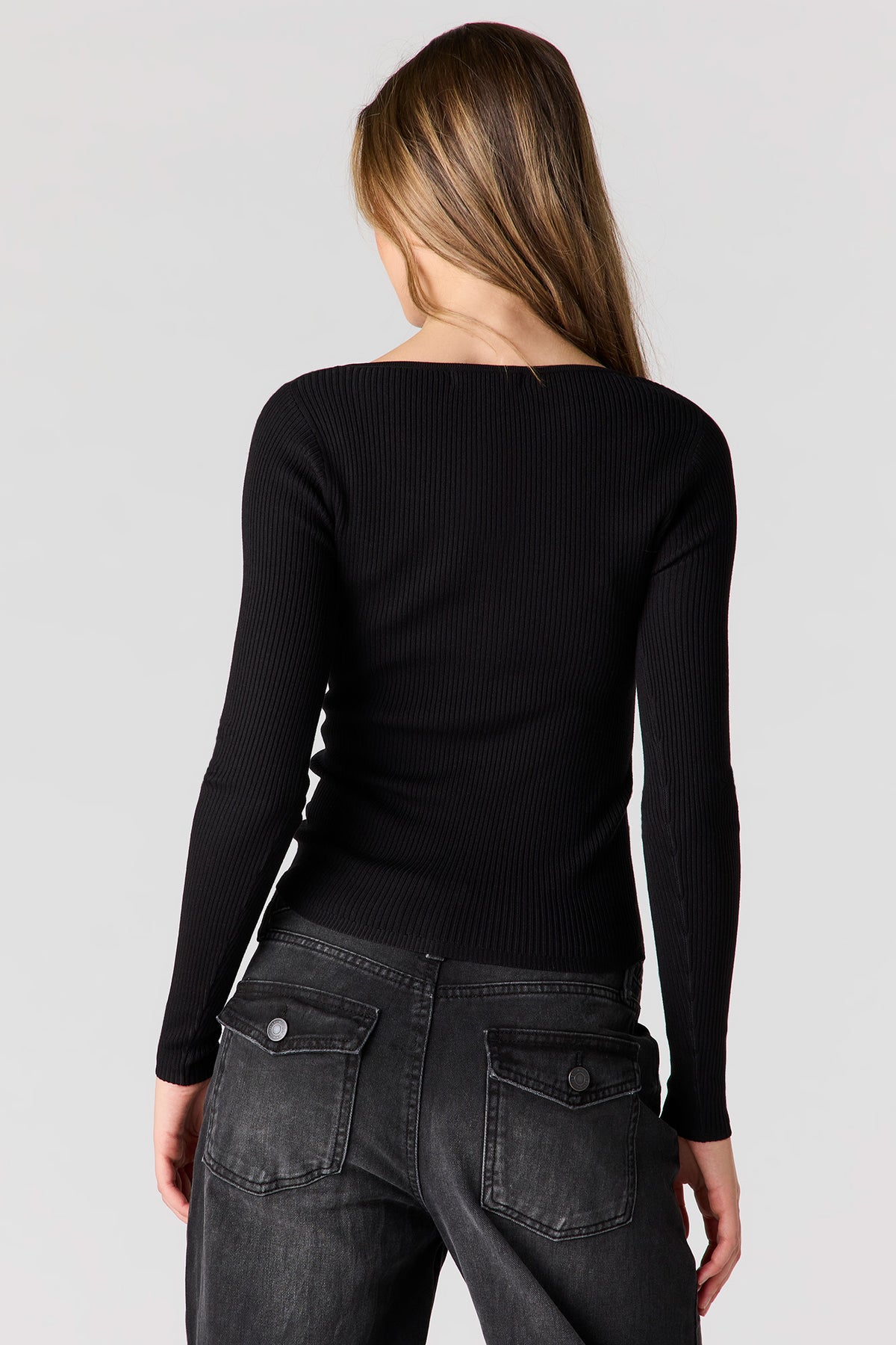 Alt View 2. Ribbed Long Sleeve Henley Top - Black