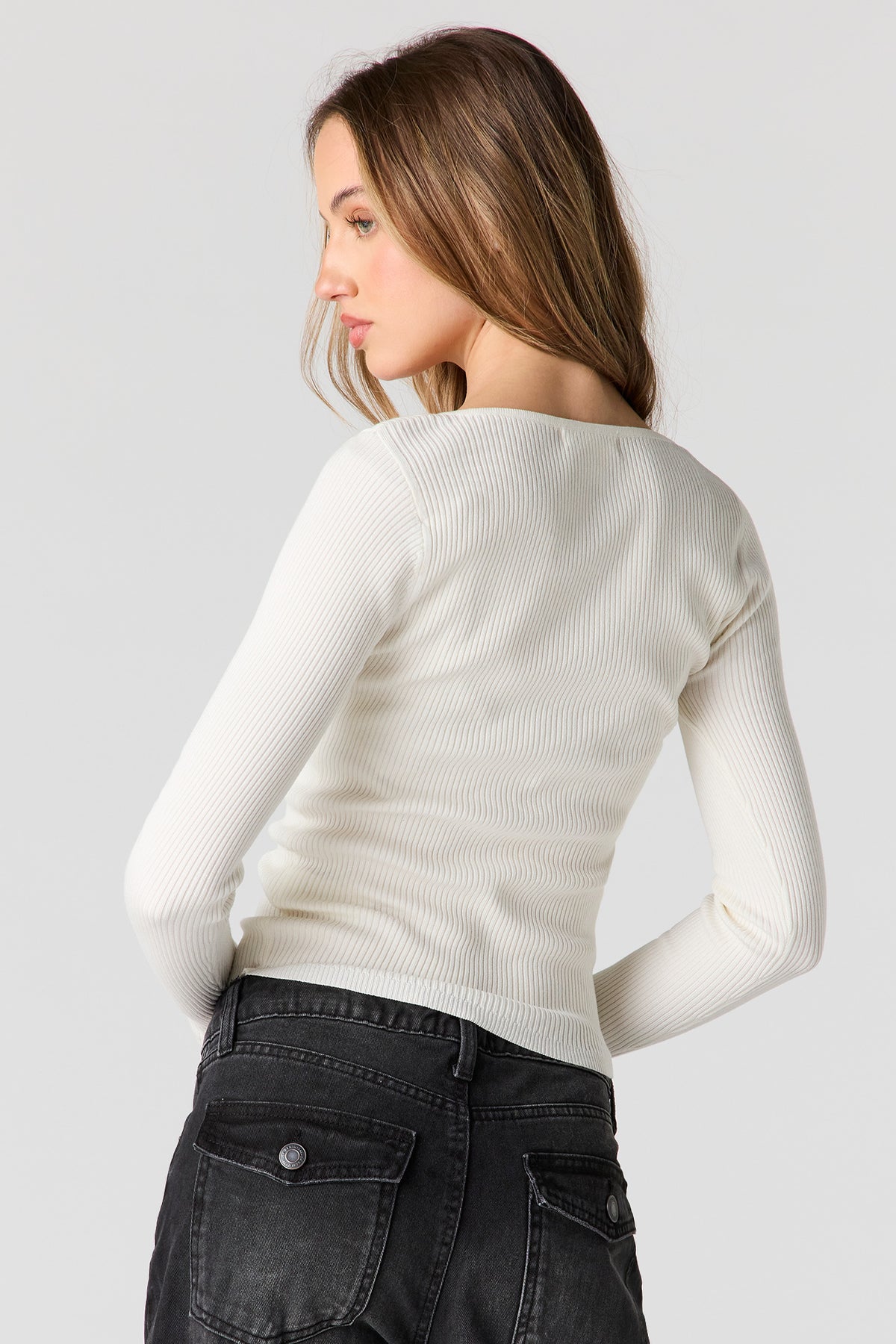 Alt View 2. Ribbed Long Sleeve Henley Top - White