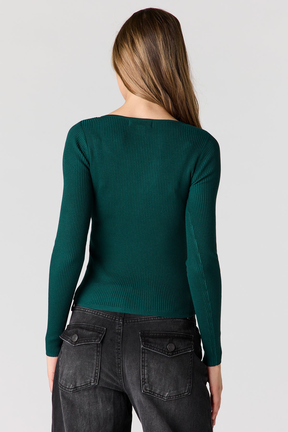Alt View 2. Ribbed Long Sleeve Henley Top - Green