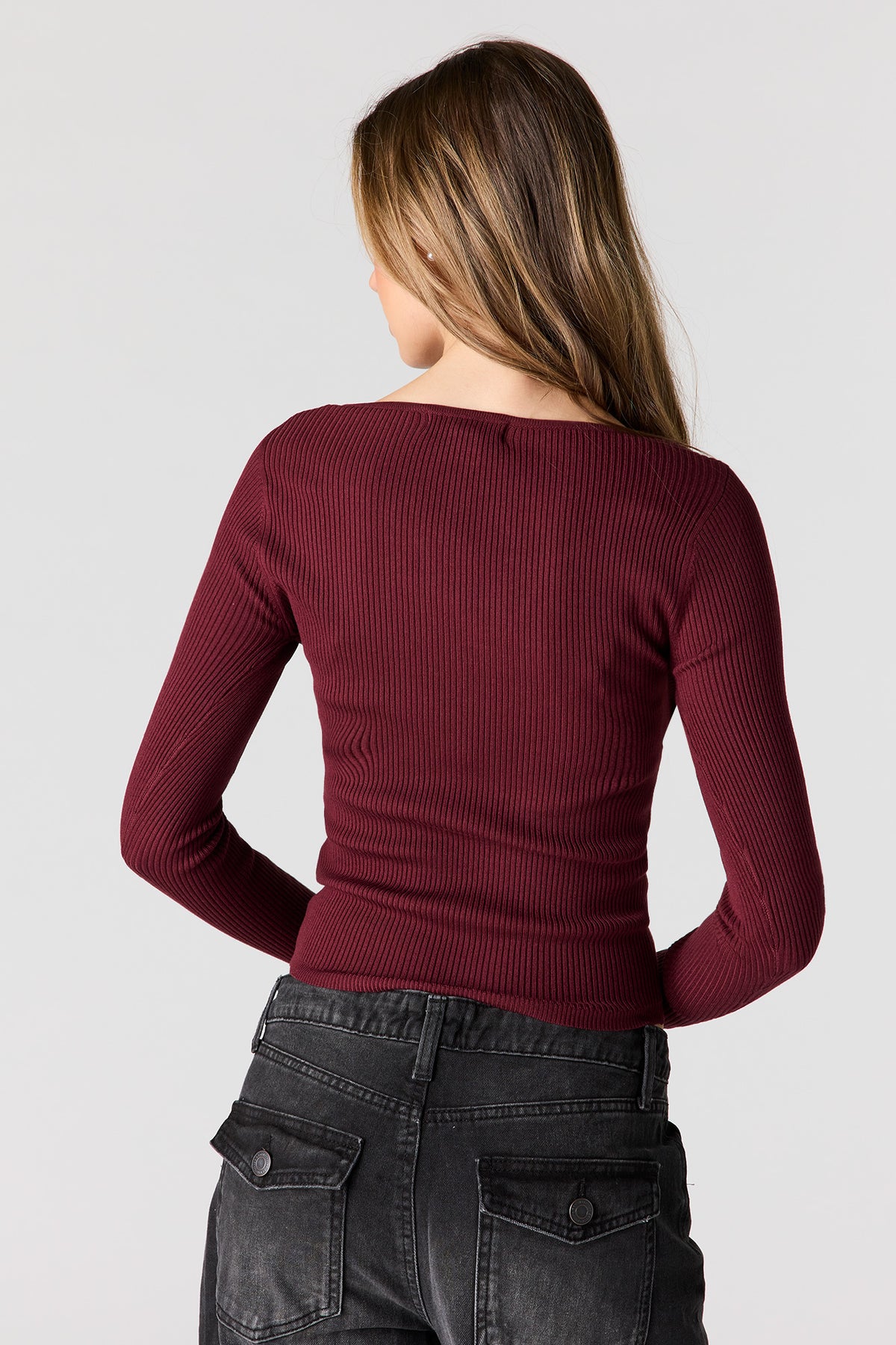 Alt View 2. Ribbed Long Sleeve Henley Top - Burgundy