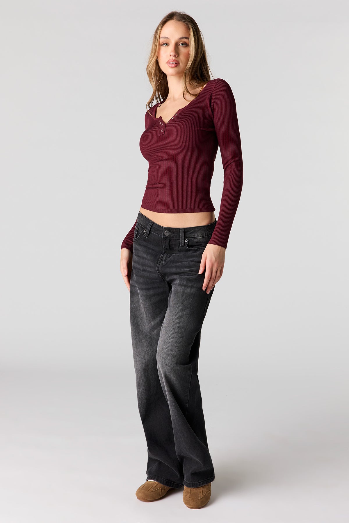 Alt View 3. Ribbed Long Sleeve Henley Top - Burgundy