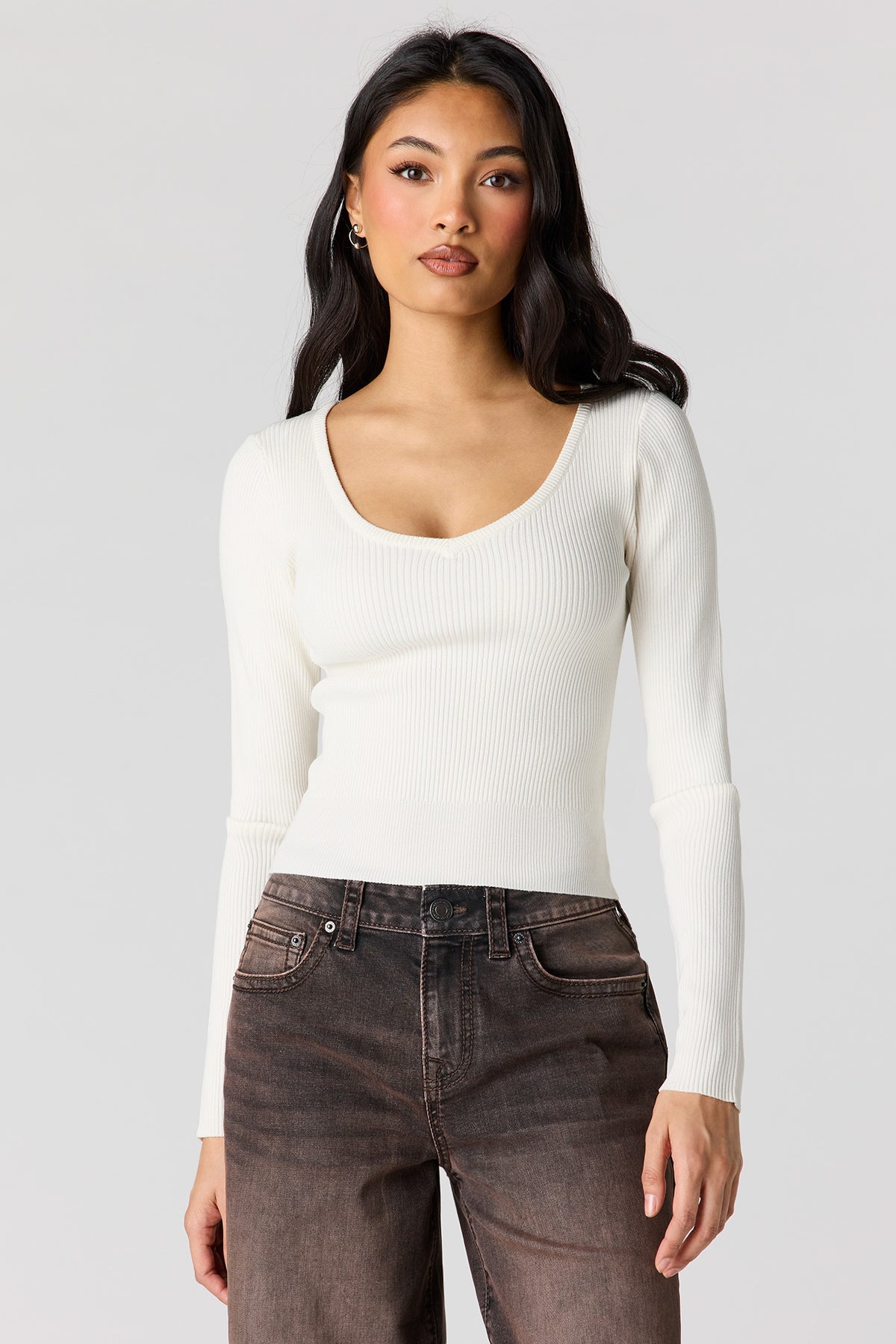 Ribbed V-Neck Sweater - White