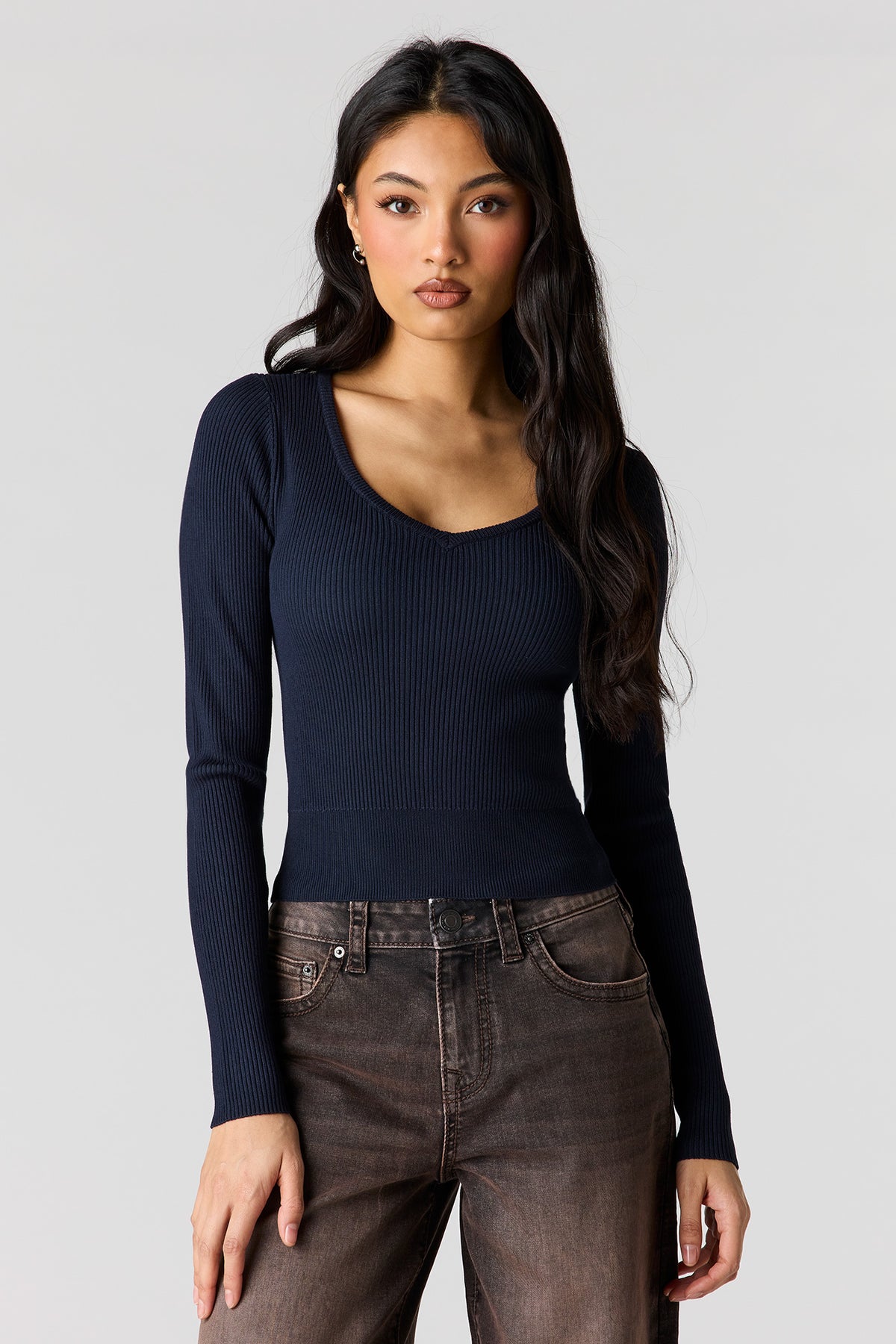 Ribbed V-Neck Sweater - Navy