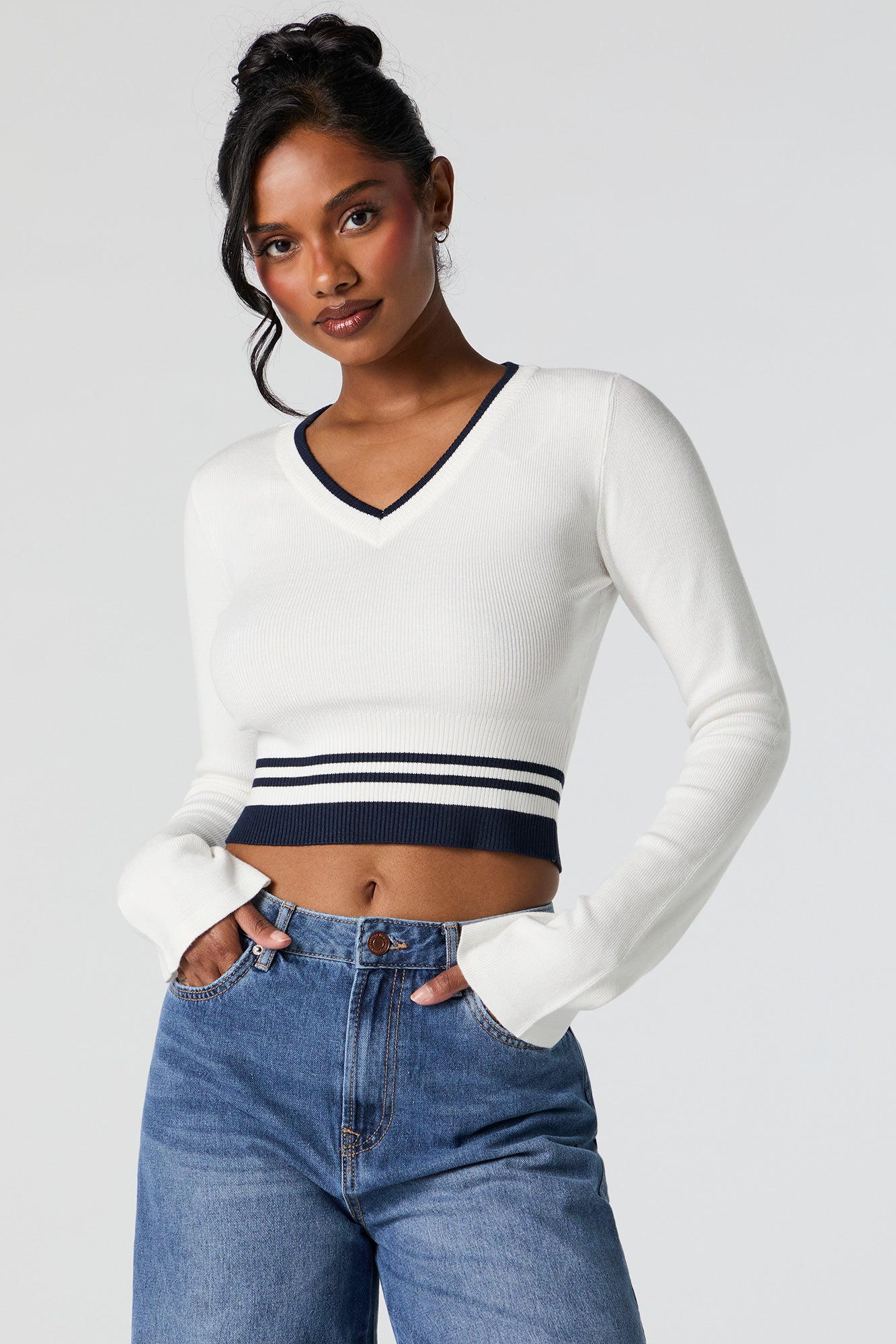 Striped Knit V-Neck Bell Sleeve Cropped Sweater