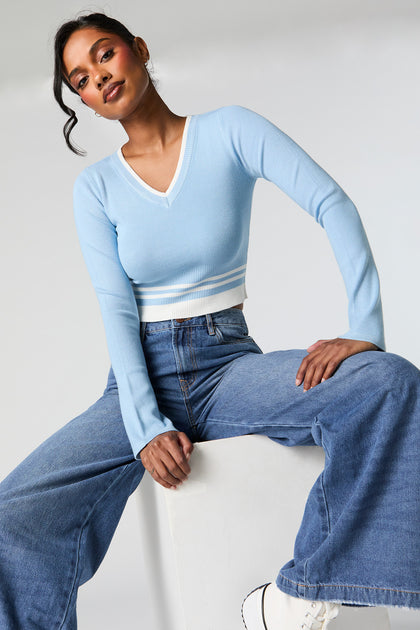 Striped Knit V-Neck Bell Sleeve Cropped Sweater