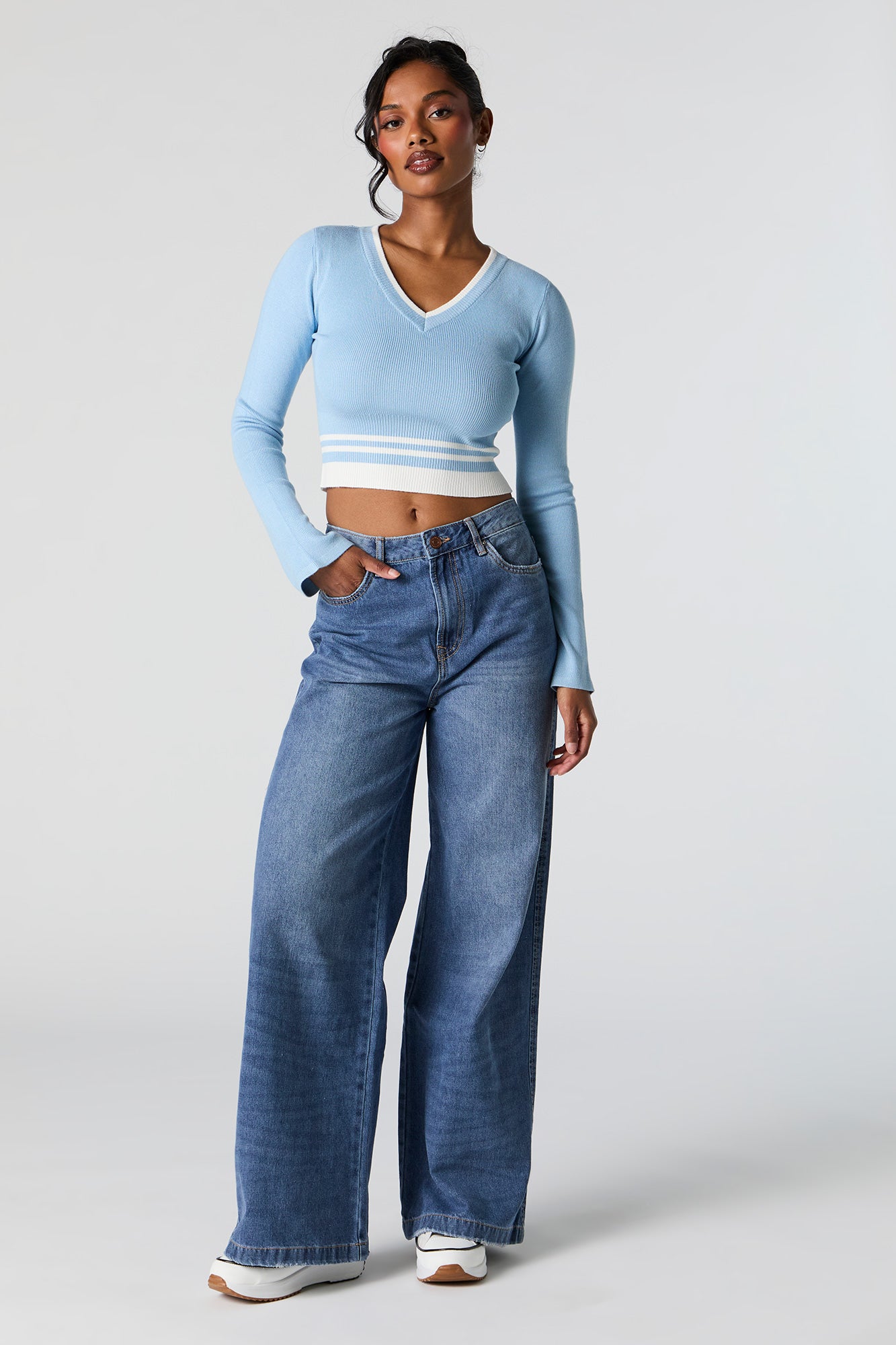 Striped Knit V-Neck Bell Sleeve Cropped Sweater