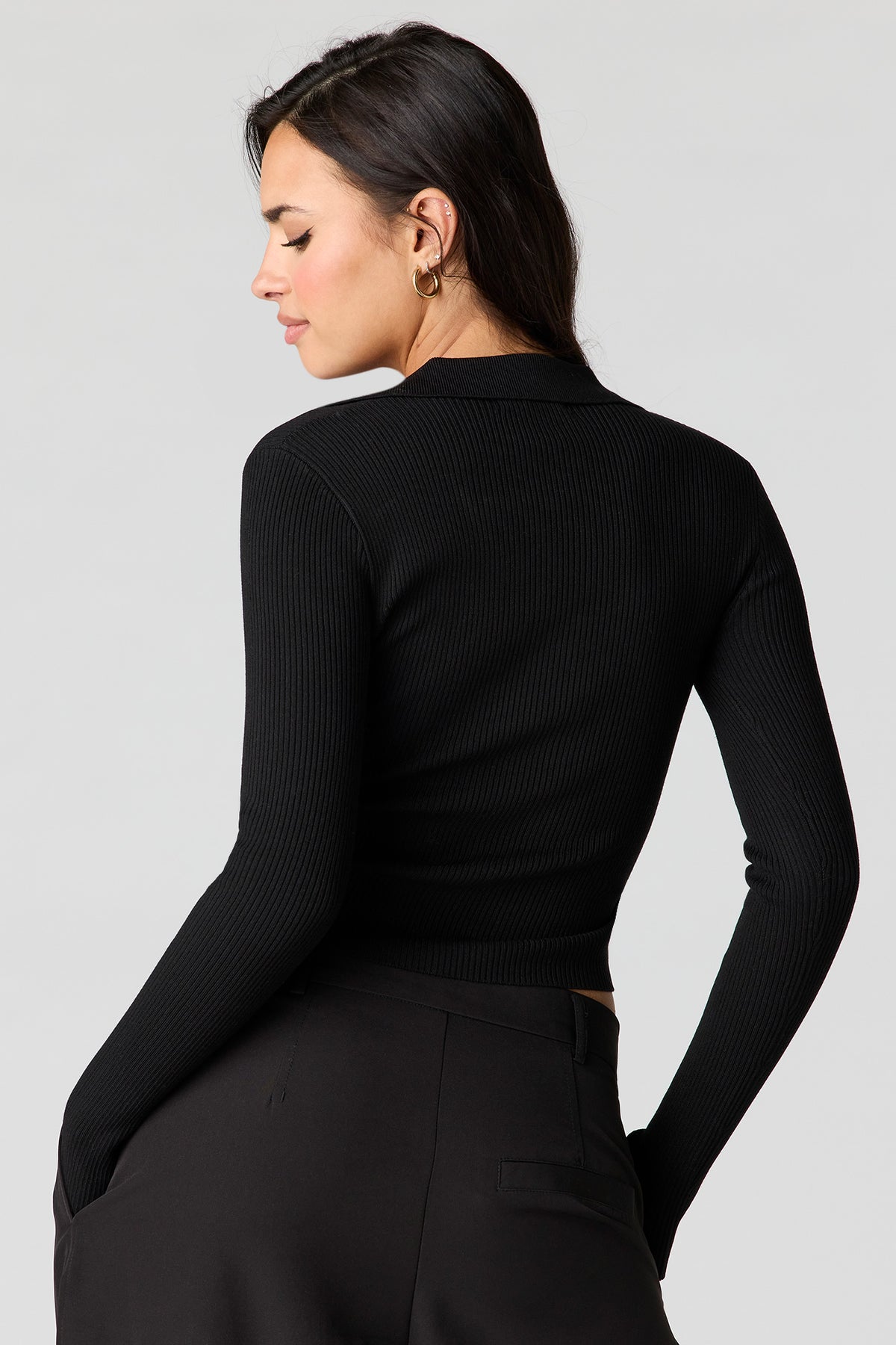 Alt View 2. Ribbed Knit Polo Sweater - Black