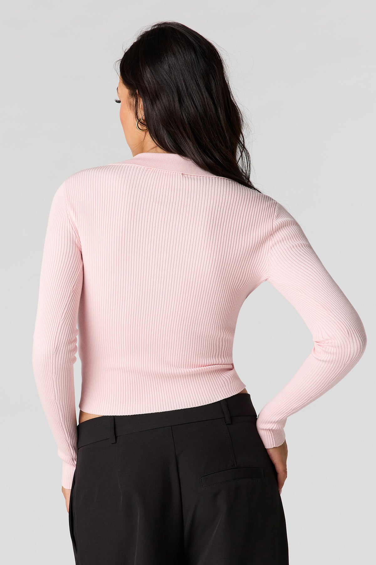 Alt View 2. Ribbed Knit Polo Sweater - Pink