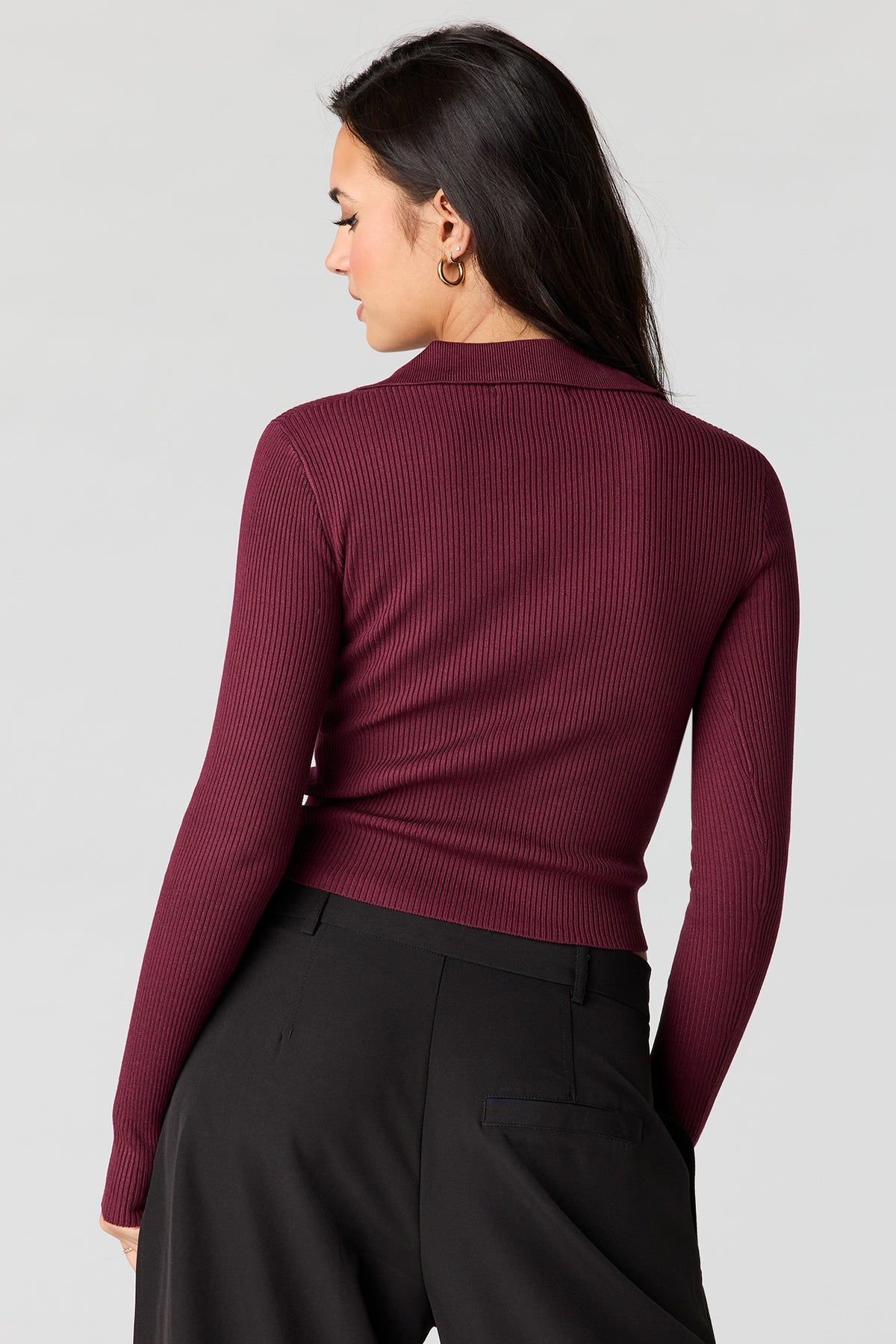 Alt View 2. Ribbed Knit Polo Sweater - Burgundy