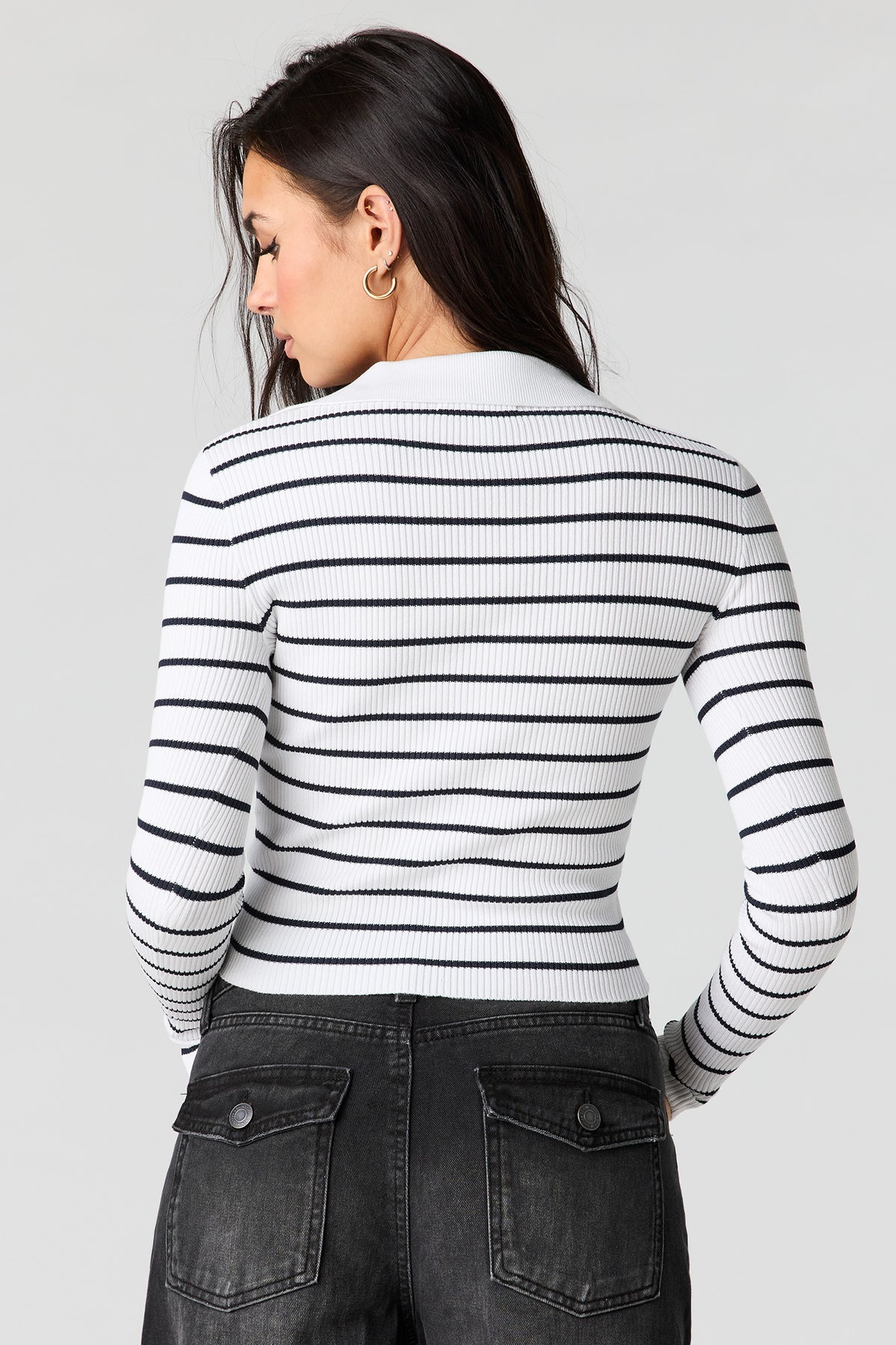 Alt View 2. Striped Ribbed Knit Polo Sweater - White