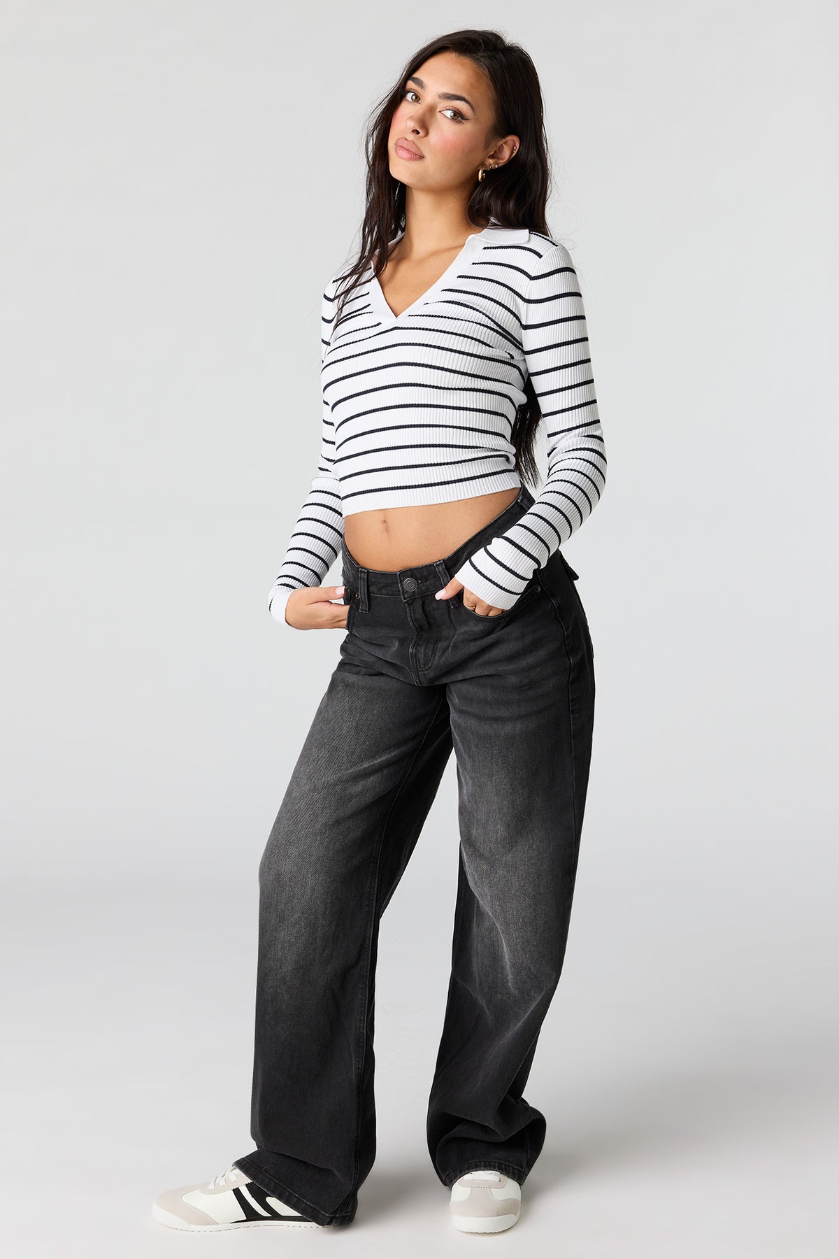 Alt View 3. Striped Ribbed Knit Polo Sweater - White