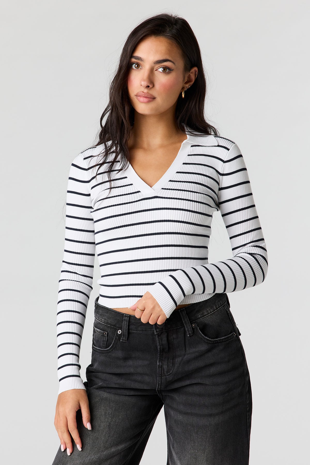 Striped Ribbed Knit Polo Sweater - White